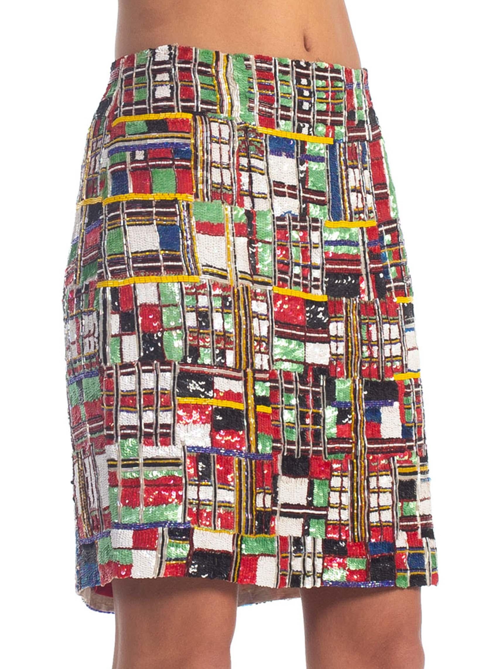 Brown 1990S TODD OLDHAM Beaded Silk Mondrian Geometric Plaid Mini Skirt