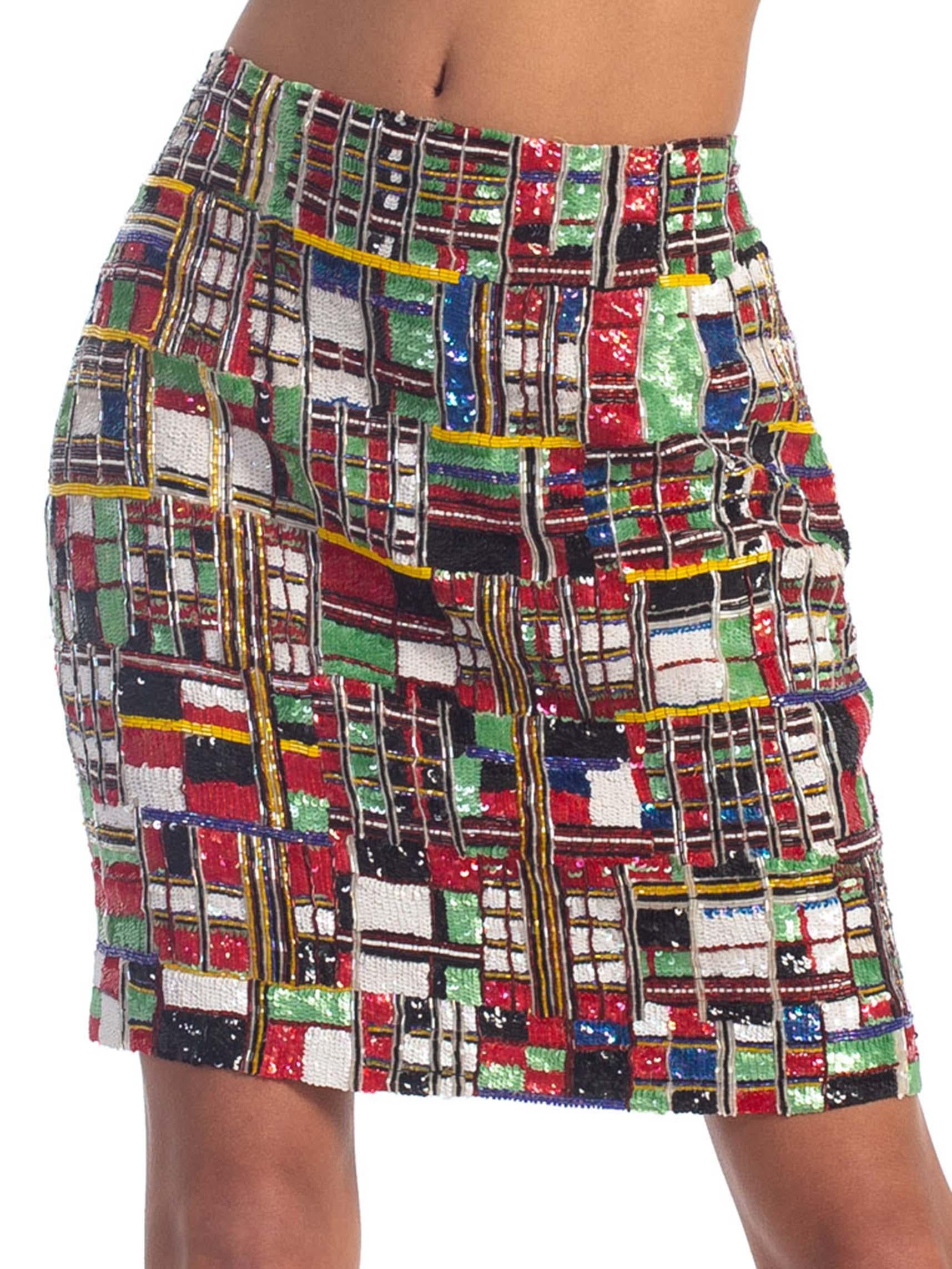 1990S TODD OLDHAM Beaded Silk Mondrian Geometric Plaid Mini Skirt In Excellent Condition In New York, NY