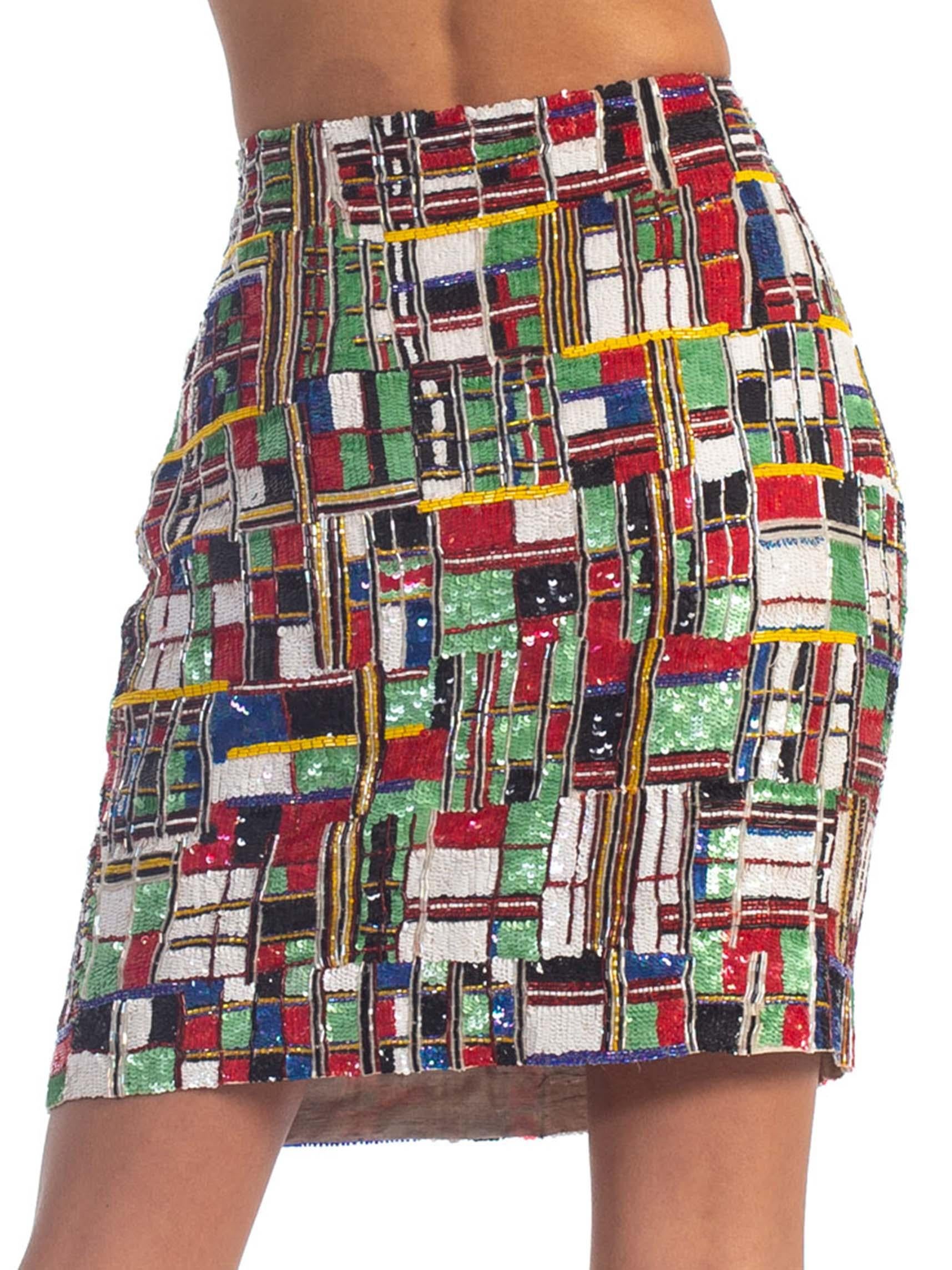Women's 1990S TODD OLDHAM Beaded Silk Mondrian Geometric Plaid Mini Skirt
