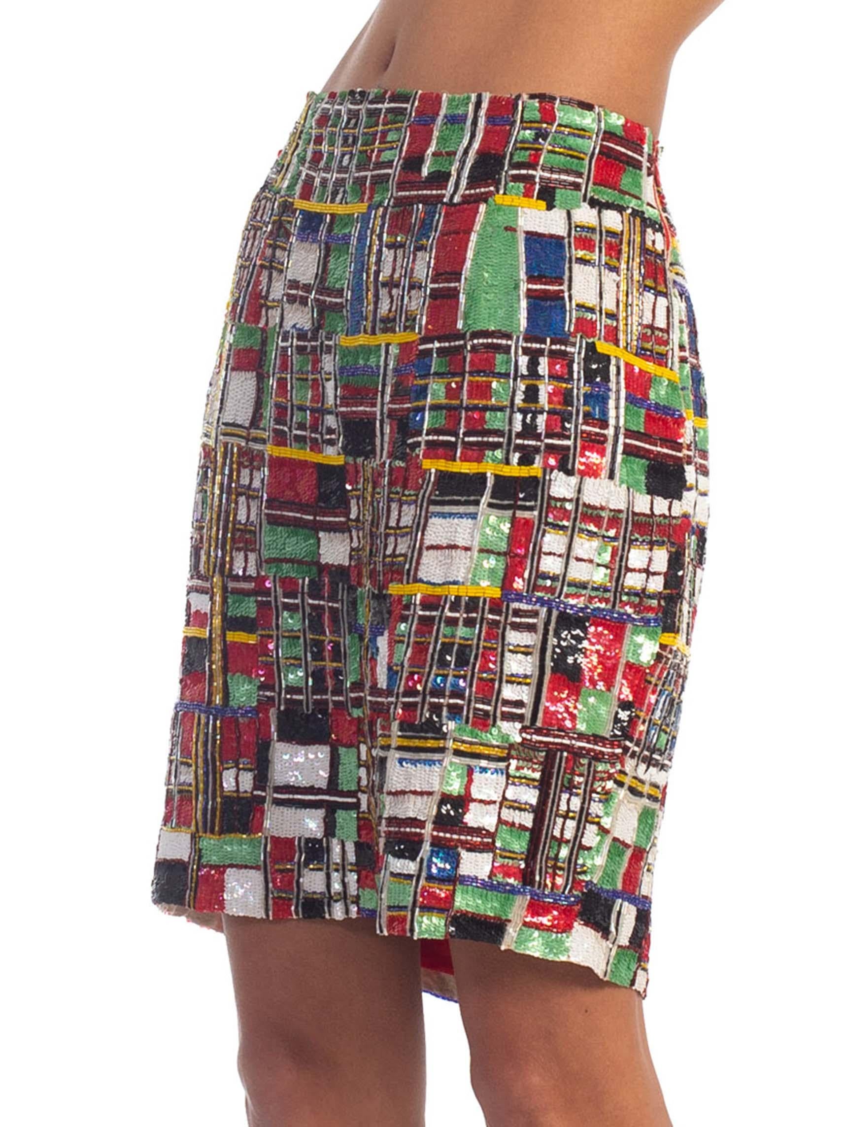 1990S TODD OLDHAM Beaded Silk Mondrian Geometric Plaid Mini Skirt 1