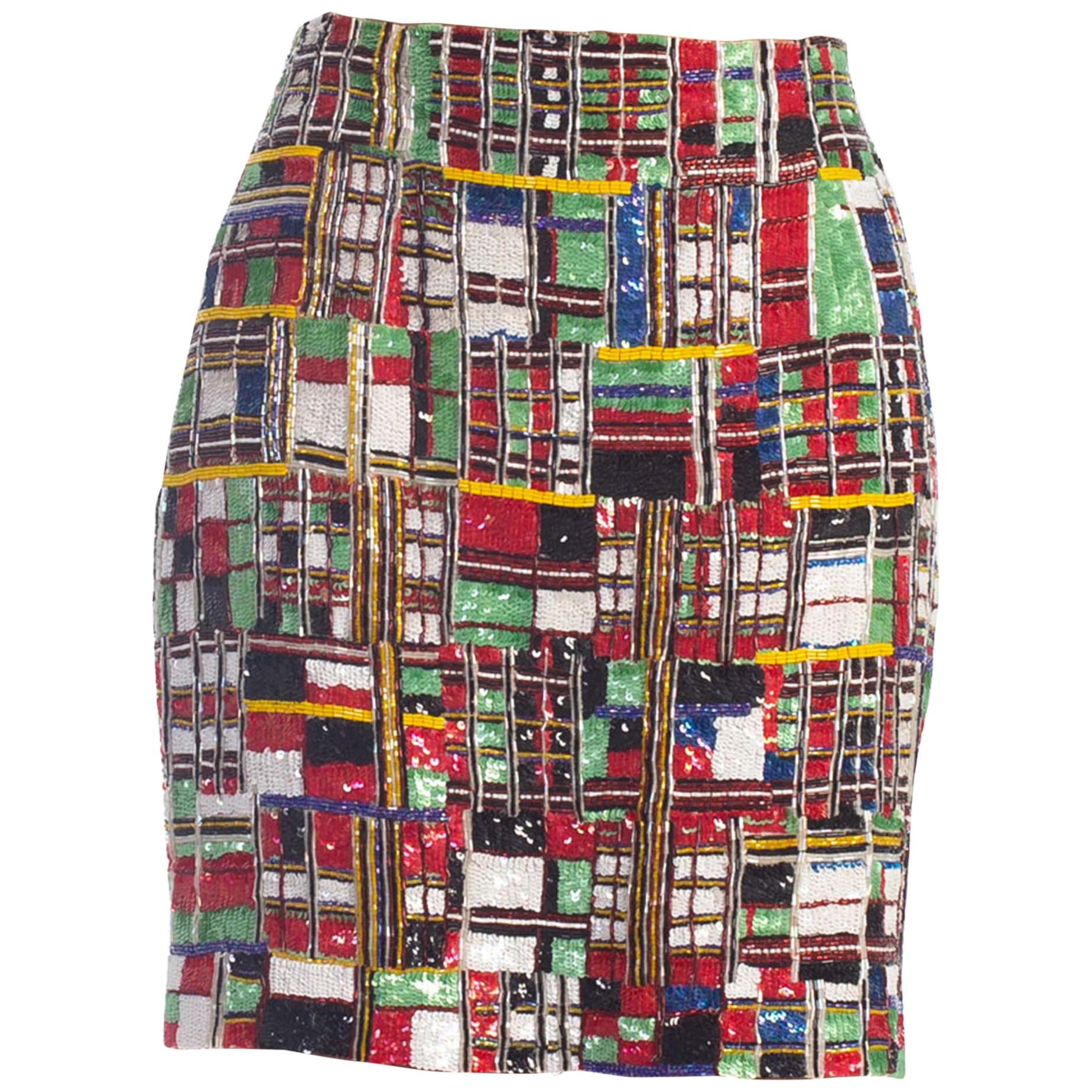 1990S TODD OLDHAM Beaded Silk Mondrian Geometric Plaid Mini Skirt