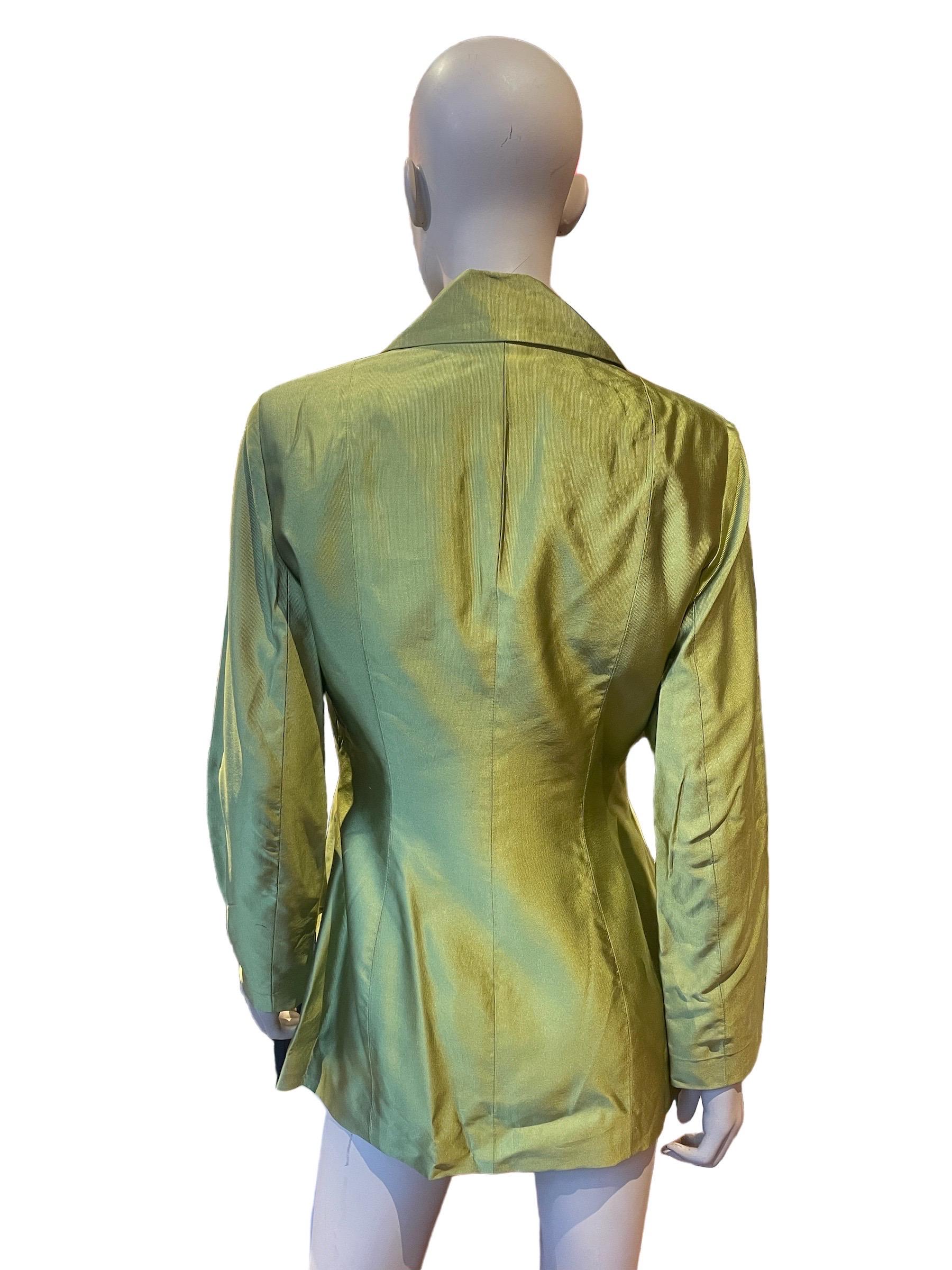 1990s Todd Oldham Silky Olive Green Blazer with Floral Lining  In Good Condition For Sale In Greenport, NY