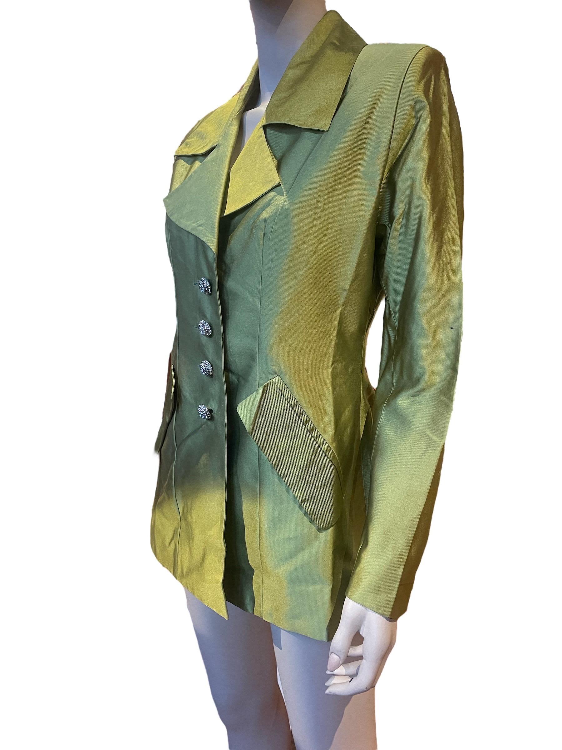 Women's 1990s Todd Oldham Silky Olive Green Blazer with Floral Lining  For Sale