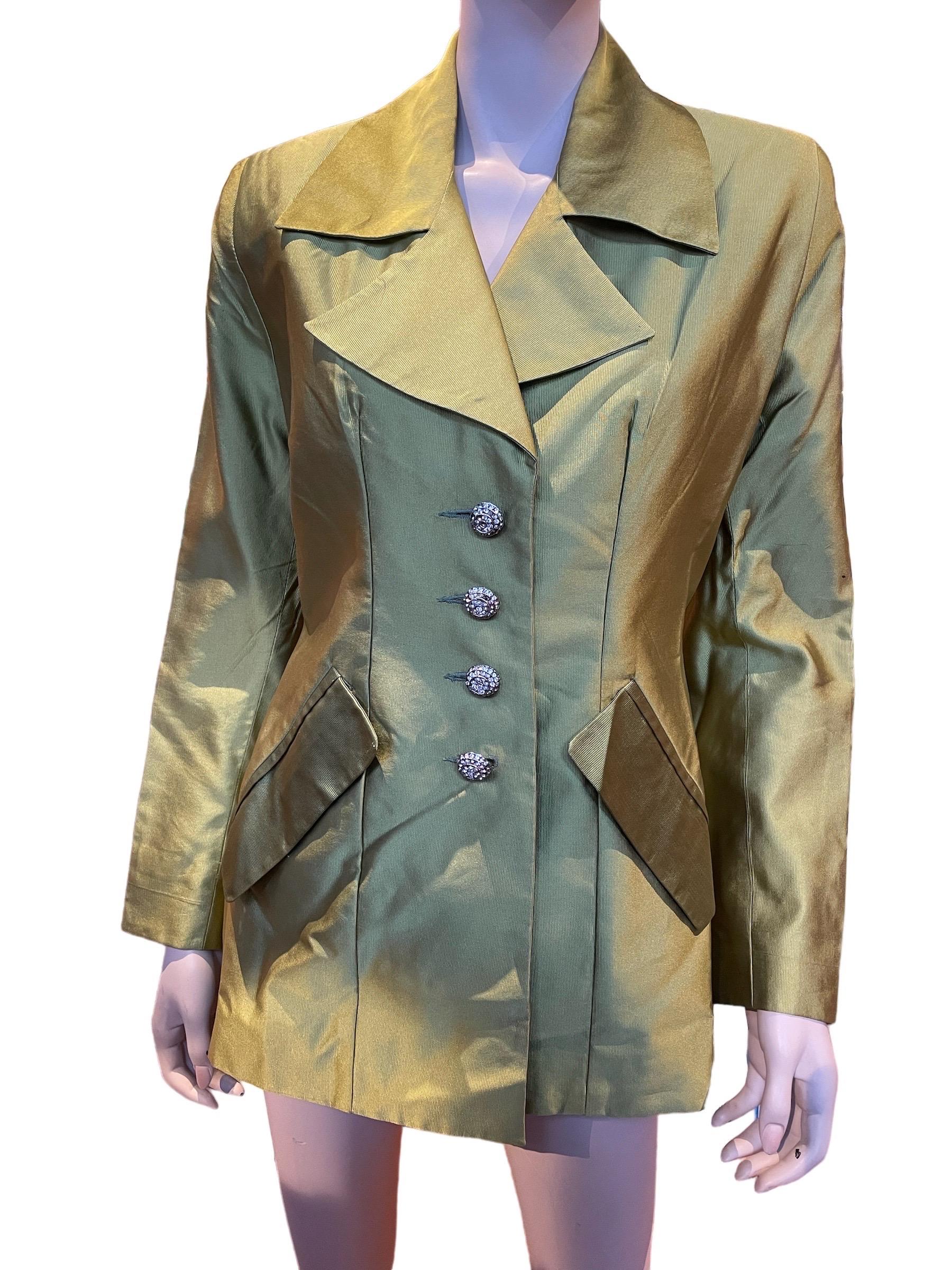 1990s Todd Oldham Silky Olive Green Blazer with Floral Lining  For Sale 1