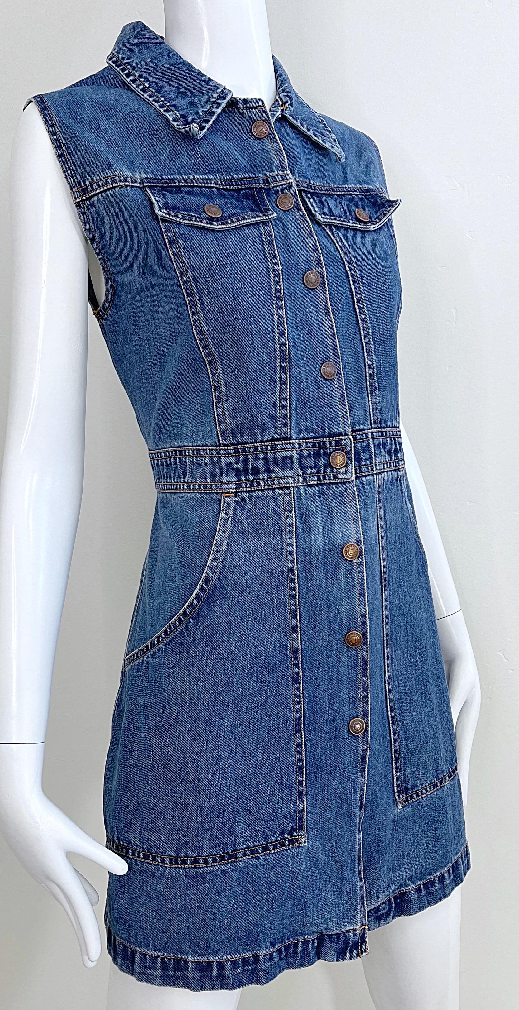 1990s Todd Oldham Size Large Blue Jean Denim Sleeveless Vintage 90s Mini Dress For Sale 3
