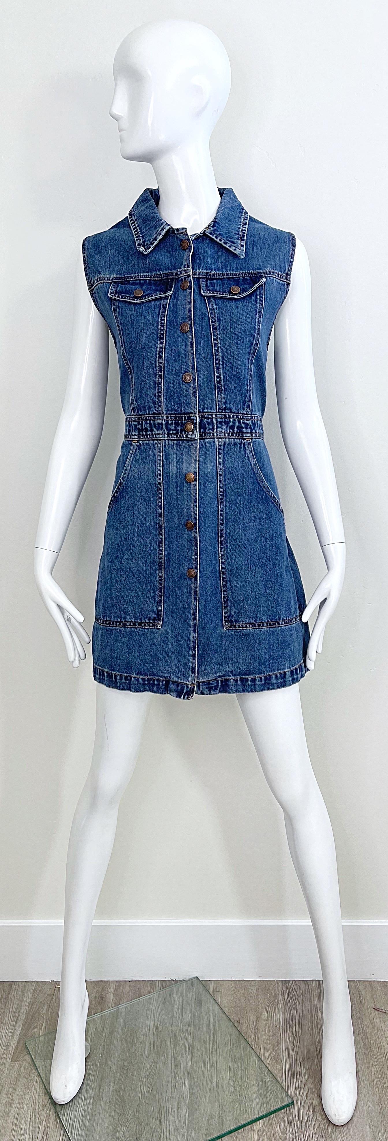 1990s Todd Oldham Size Large Blue Jean Denim Sleeveless Vintage 90s Mini Dress For Sale 6