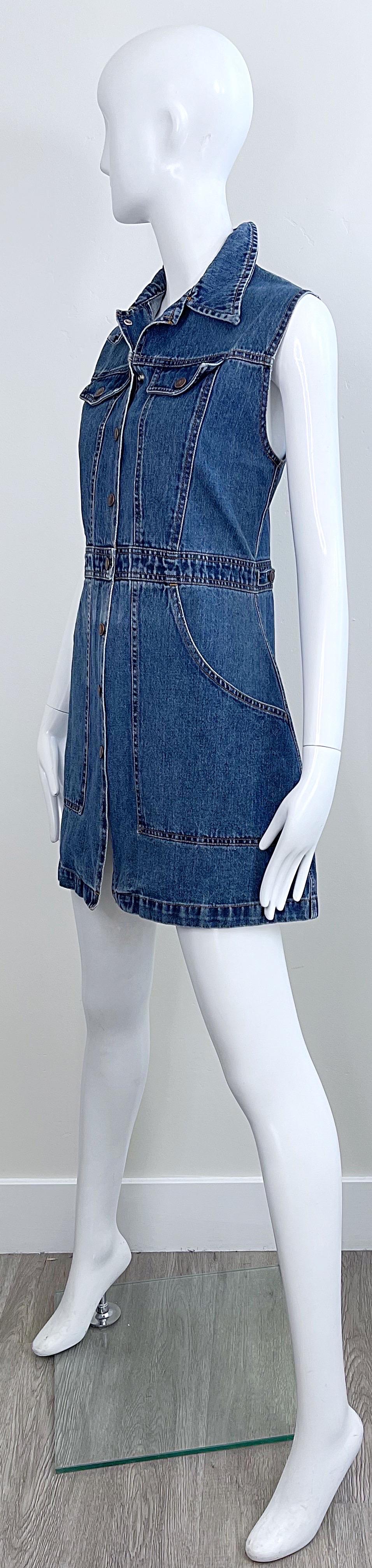 1990s Todd Oldham Size Large Blue Jean Denim Sleeveless Vintage 90s Mini Dress For Sale 9