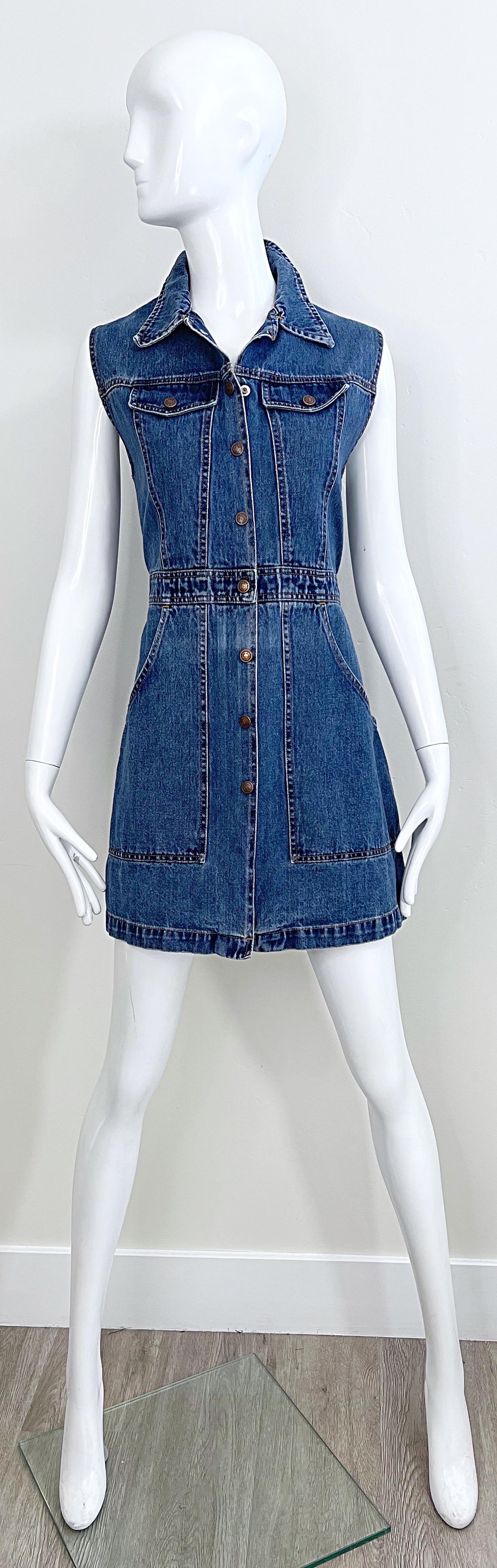 1990s Todd Oldham Size Large Blue Jean Denim Sleeveless Vintage 90s Mini Dress For Sale 10