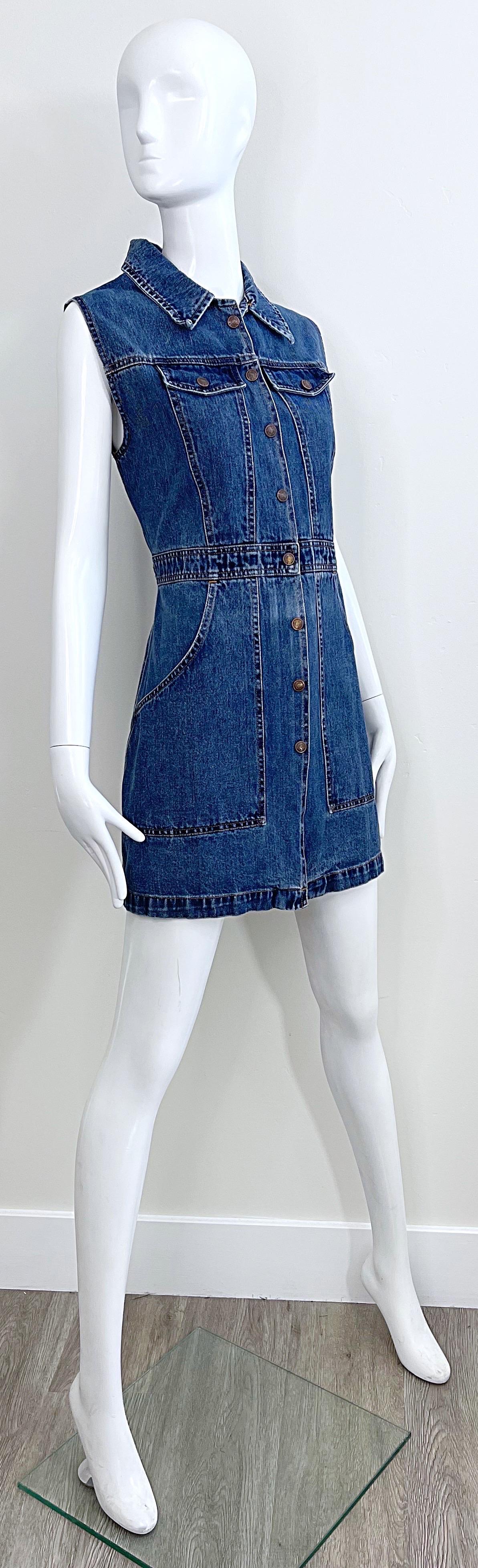 1990s Todd Oldham Size Large Blue Jean Denim Sleeveless Vintage 90s Mini Dress For Sale 11