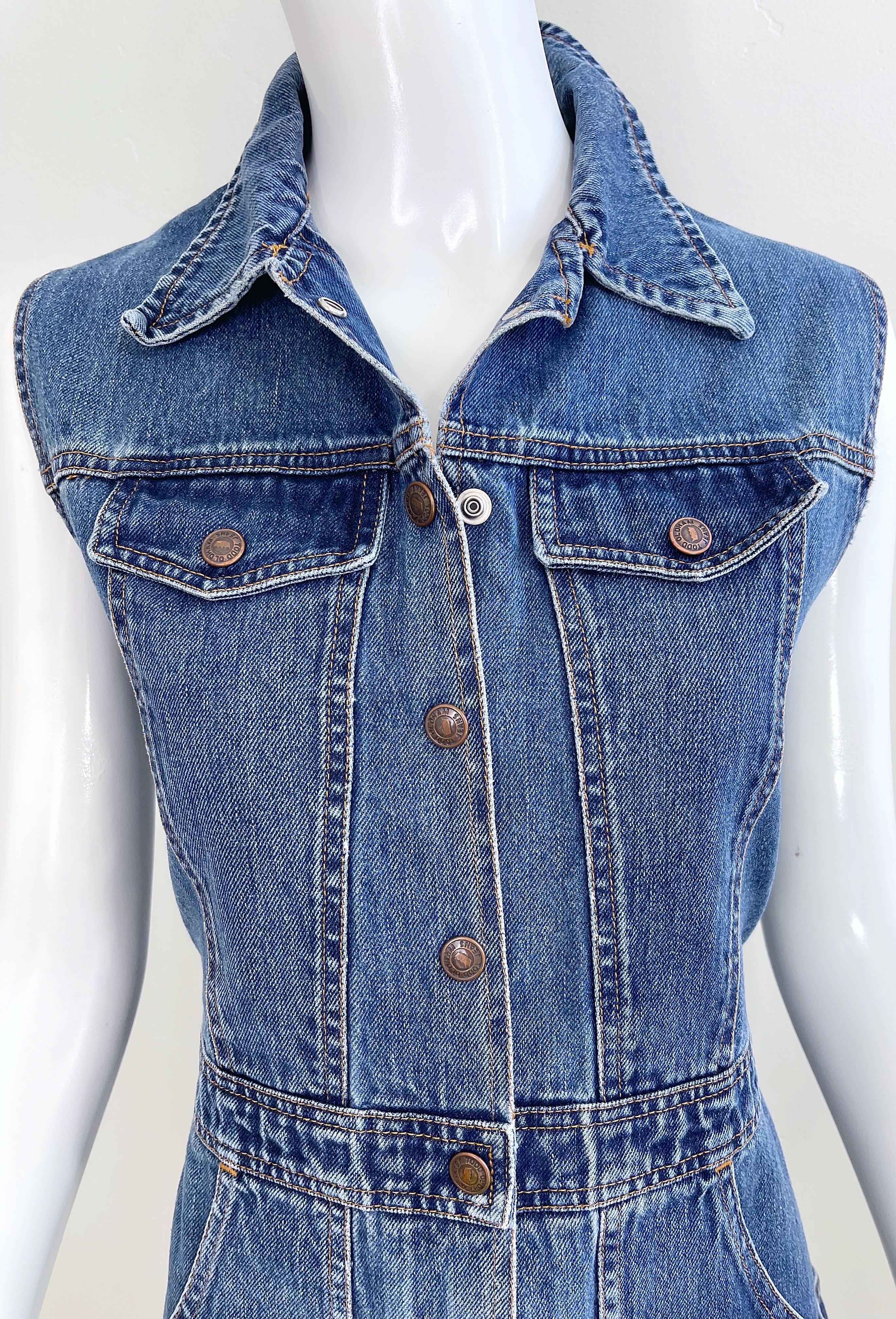 1990s Todd Oldham Taglia Grande Blu Jean Denim Senza Maniche Vintage 90s Mini Abito in vendita 1