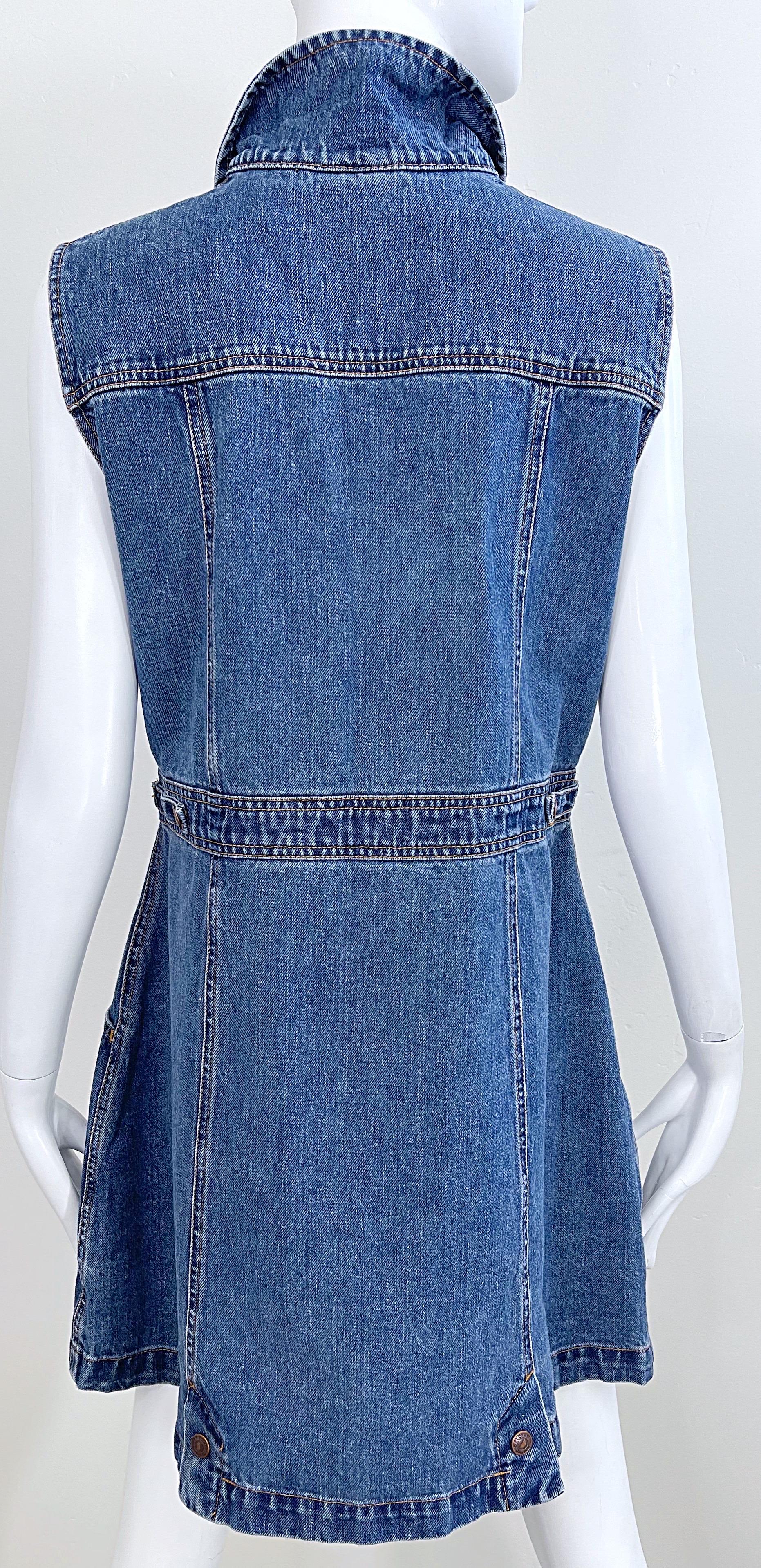 1990s Todd Oldham Size Large Blue Jean Denim Sleeveless Vintage 90s Mini Dress In Excellent Condition For Sale In San Diego, CA