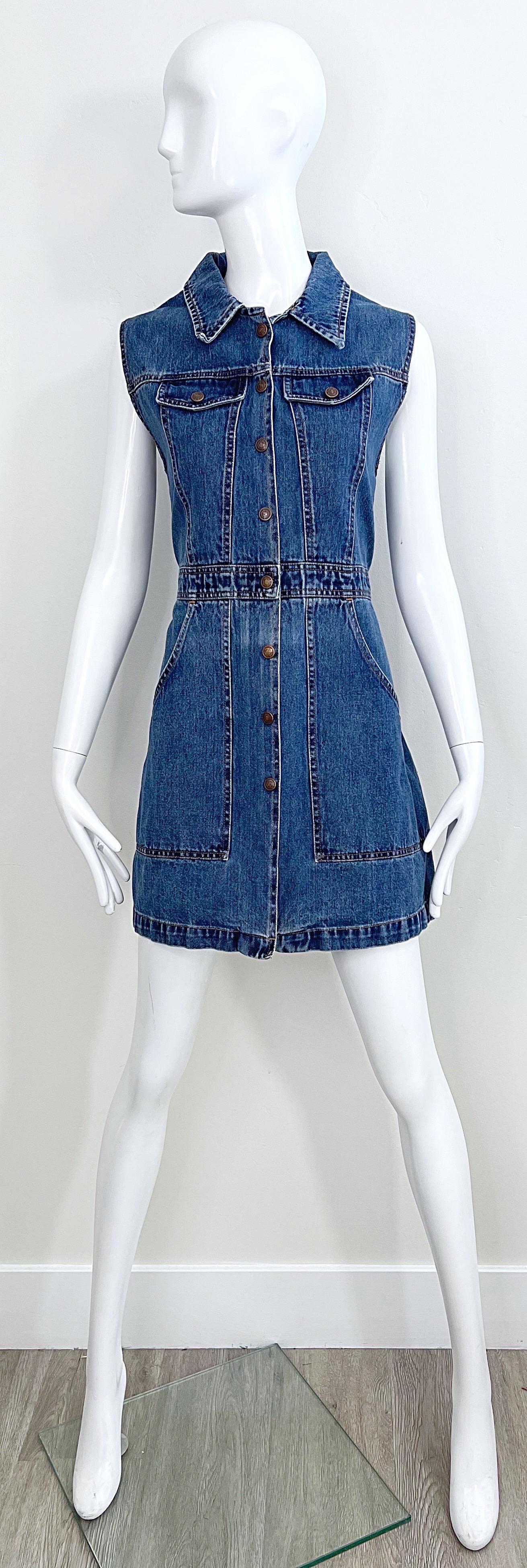 Women's 1990s Todd Oldham Size Large Blue Jean Denim Sleeveless Vintage 90s Mini Dress For Sale