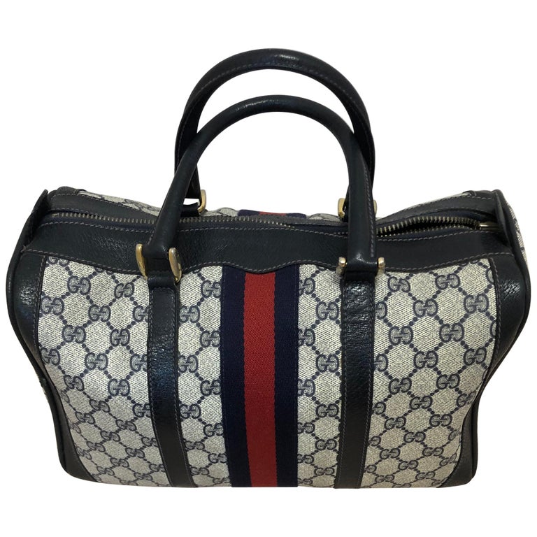 1990s Tom Ford for Gucci Coated Canvas Monogram Boston Bag in Navy
