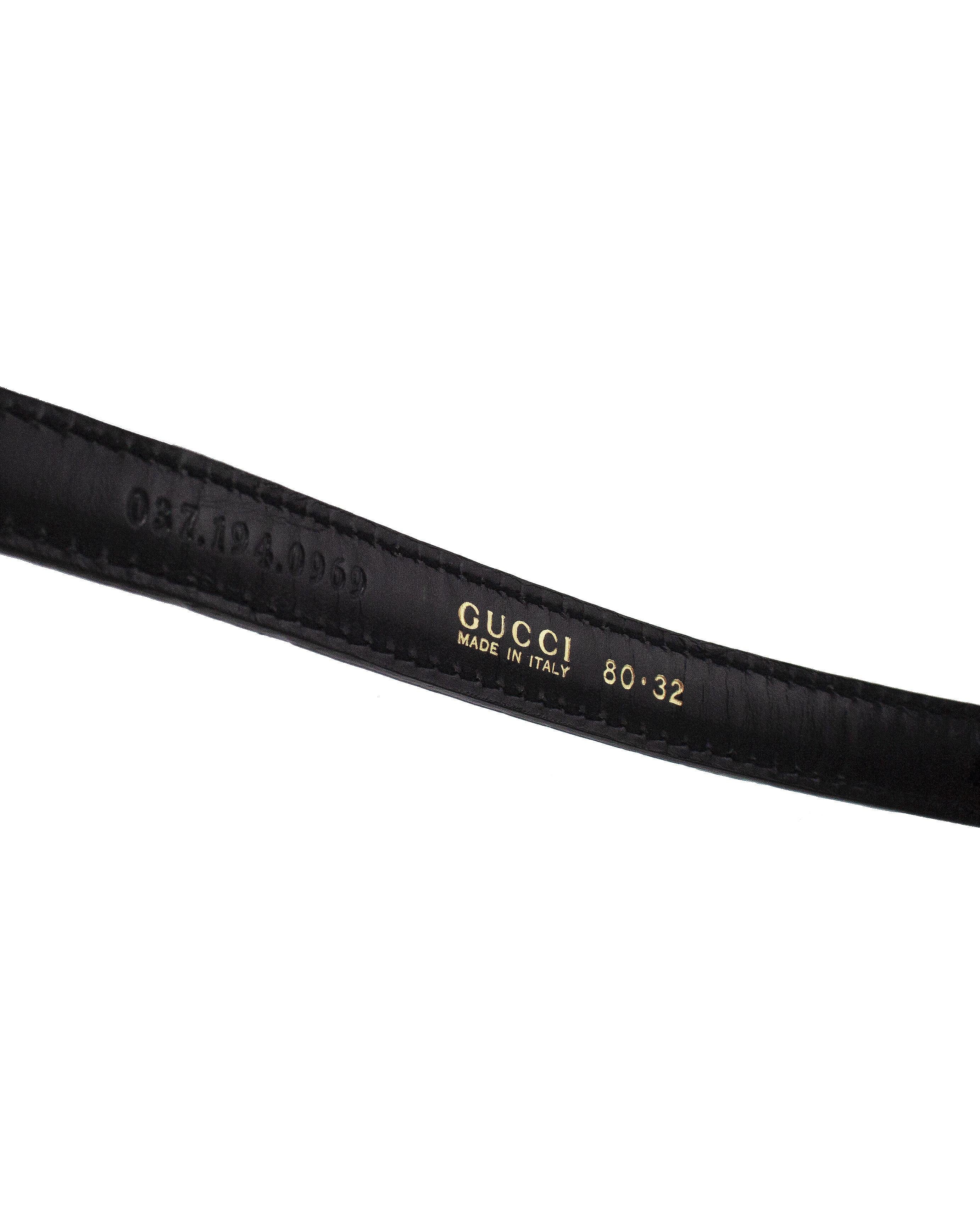 Women's or Men's 1990's Tom Ford for Gucci Thin Black Belt with Gold G Buckle For Sale