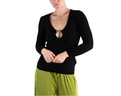 1990S TOM FORD GUCCI Black Wool Knit Deep V Neck Sweater With Gold Metal Clasp