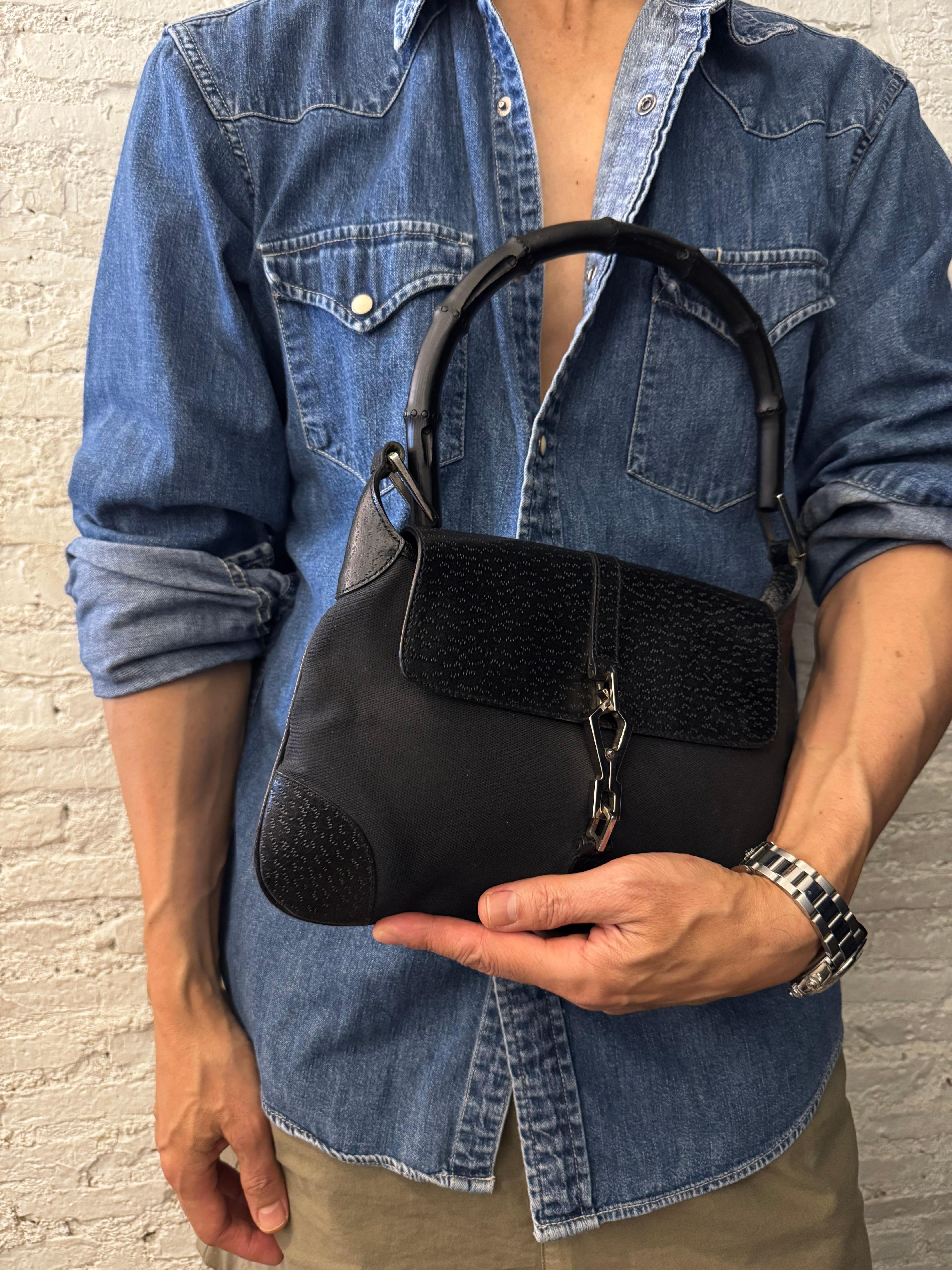 Women's 1990s Tom Ford GUCCI Jackie Bamboo Hobo Shoulder Bag Black Canvas Small For Sale