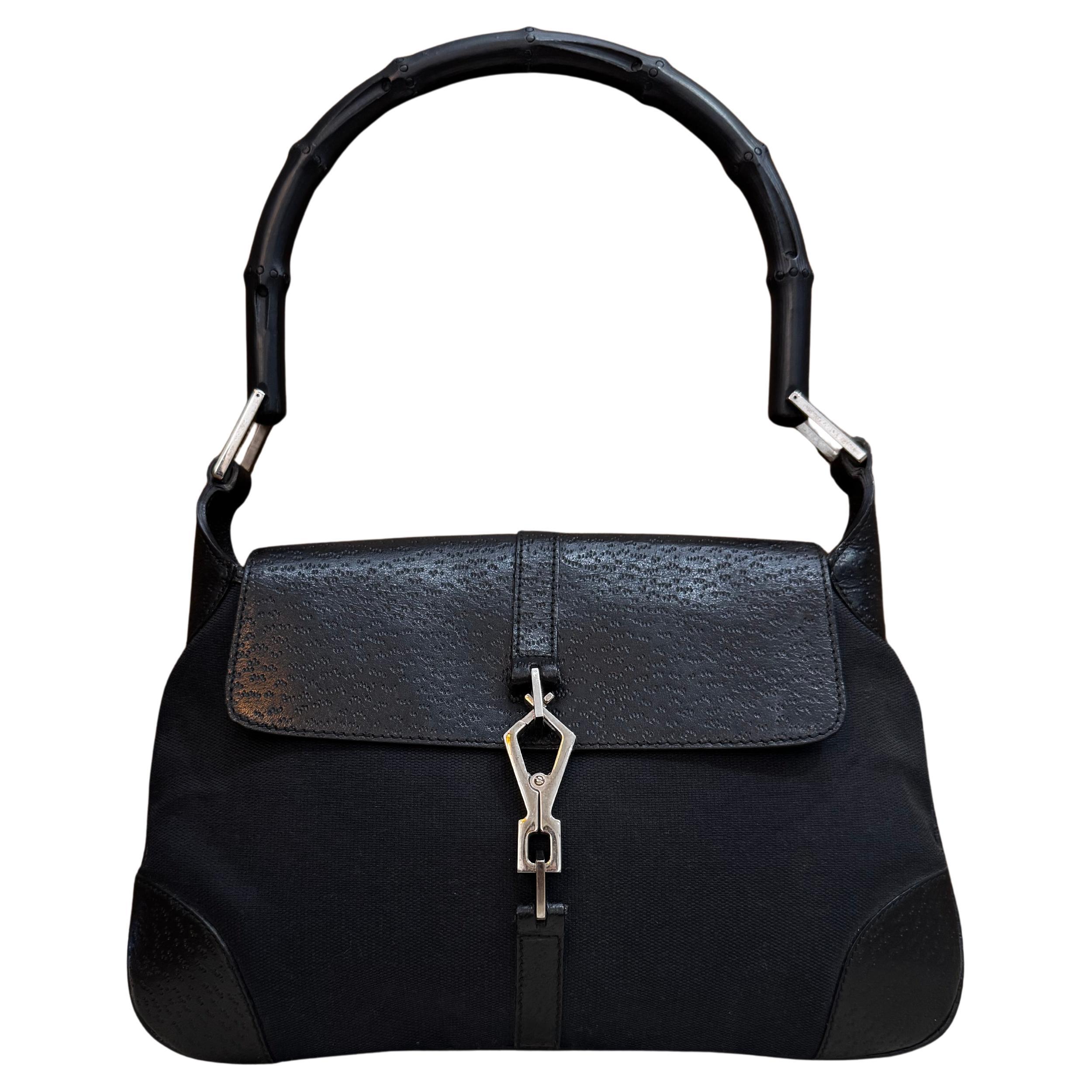 1990s Tom Ford GUCCI Jackie Bamboo Hobo Shoulder Bag Black Canvas Small