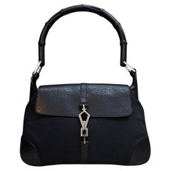 1990s Tom Ford GUCCI Jackie Bamboo Hobo Shoulder Bag Black Canvas Small
