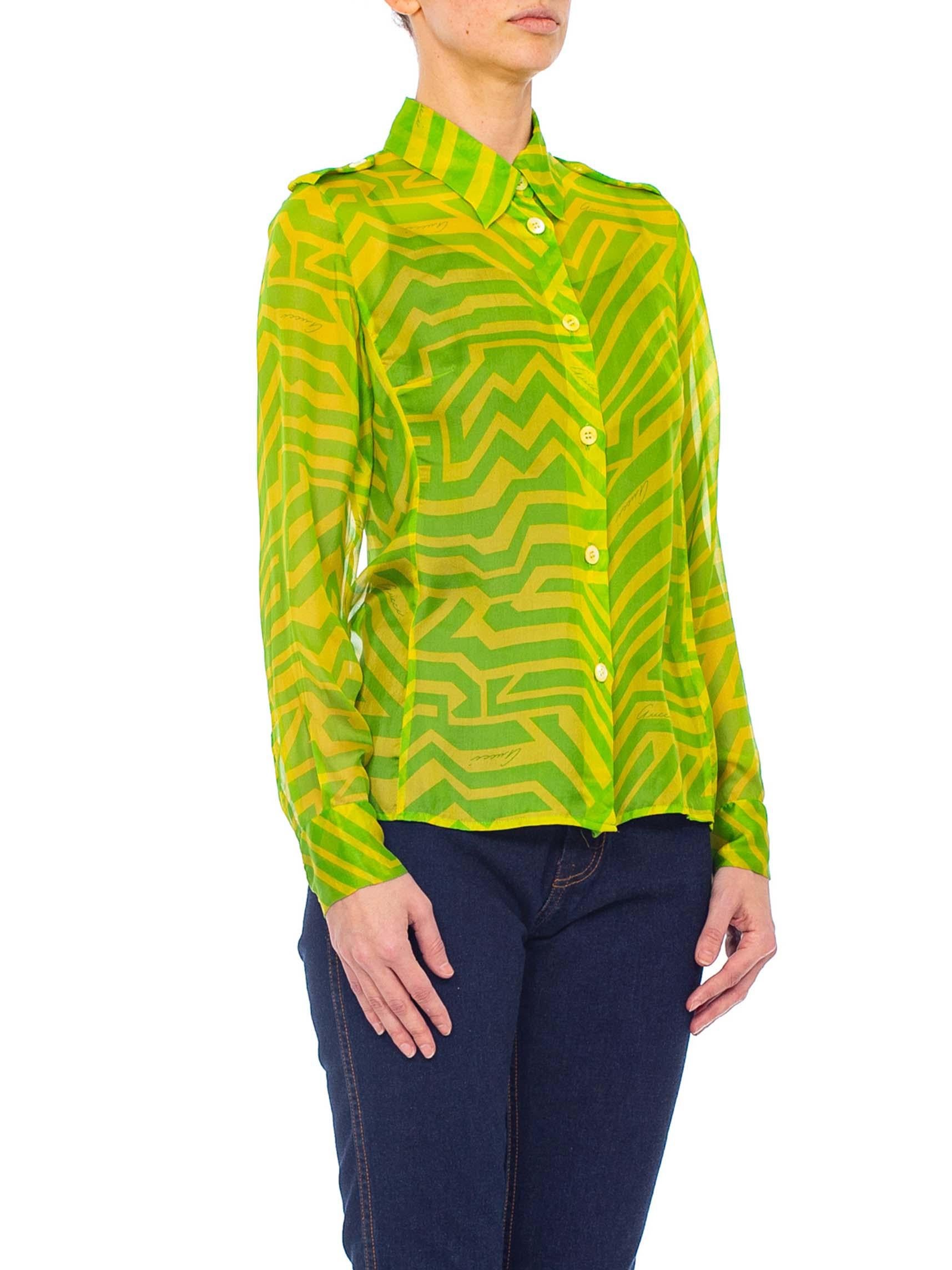 Women's 1990S TOM FORD GUCCI Lime Green Silk Chiffon Shirt From His First Collection For