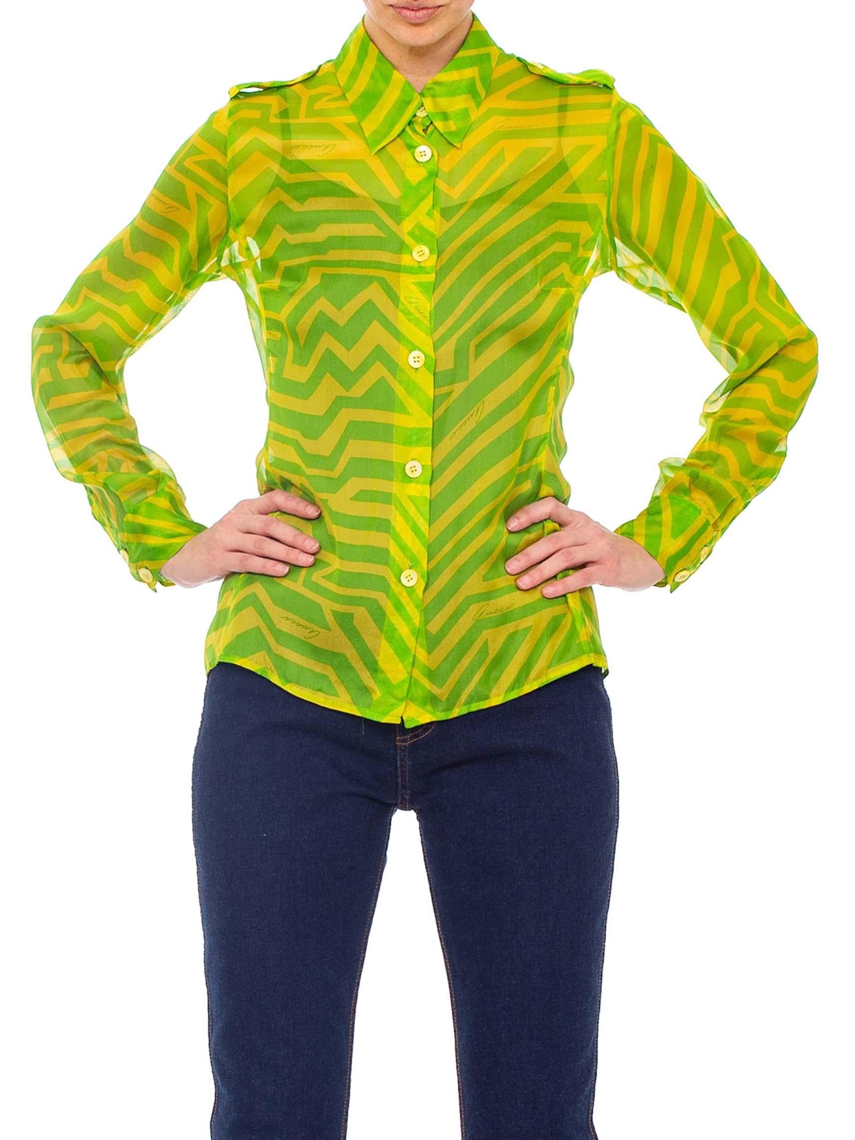 1990S TOM FORD GUCCI Lime Green Silk Chiffon Shirt From His First Collection For 1