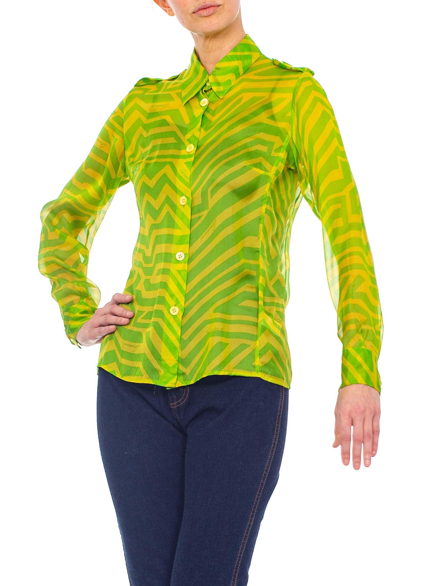 1990S TOM FORD GUCCI Lime Green Silk Chiffon Shirt From His First Collection For 2