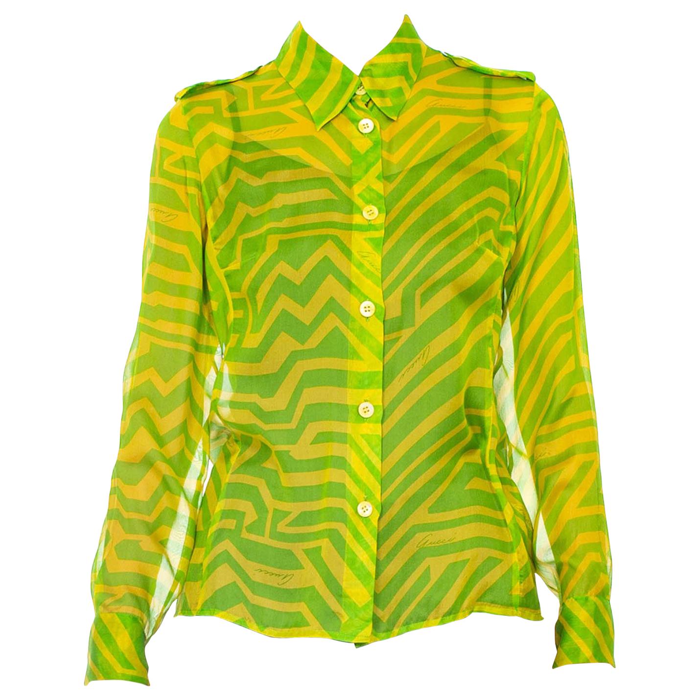1990S TOM FORD GUCCI Lime Green Silk Chiffon Shirt From His First Collection For