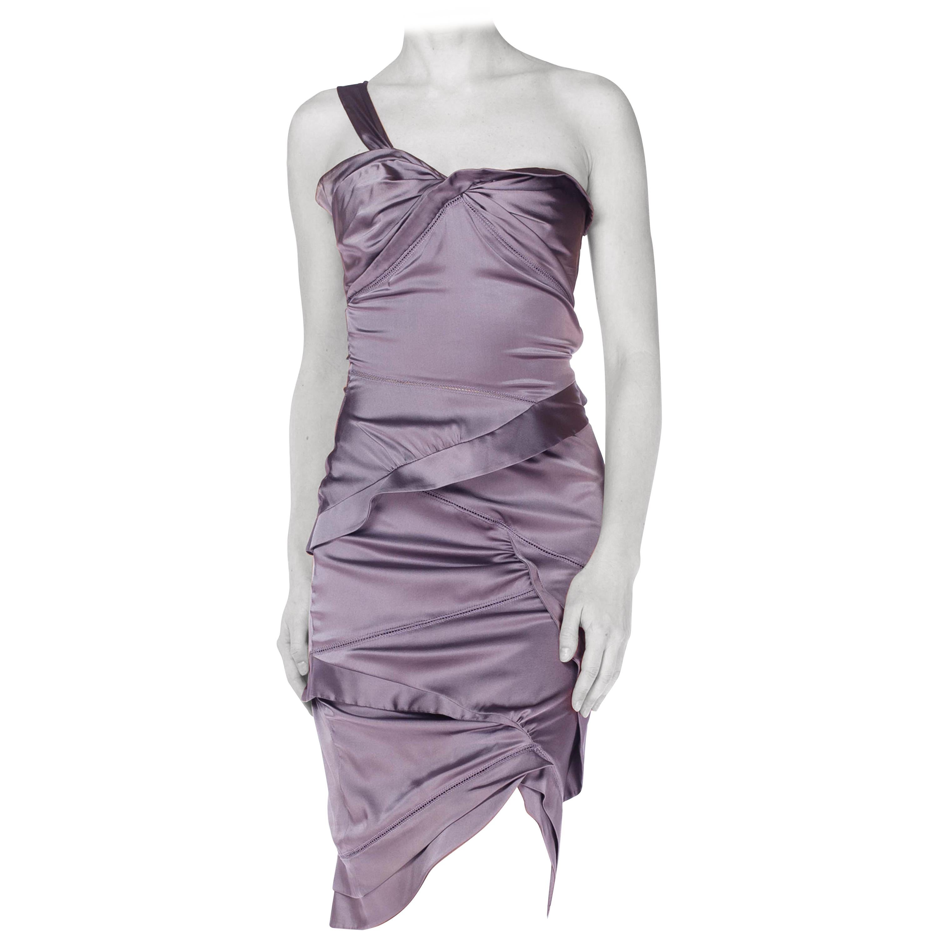 2000S GUCCI Lilac Grey Silk & Lycra Charmeuse Twisted Draped Cocktail Dress