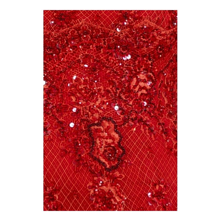 1990S Tomato Red Beaded Silk & Lace Gown For Sale 6