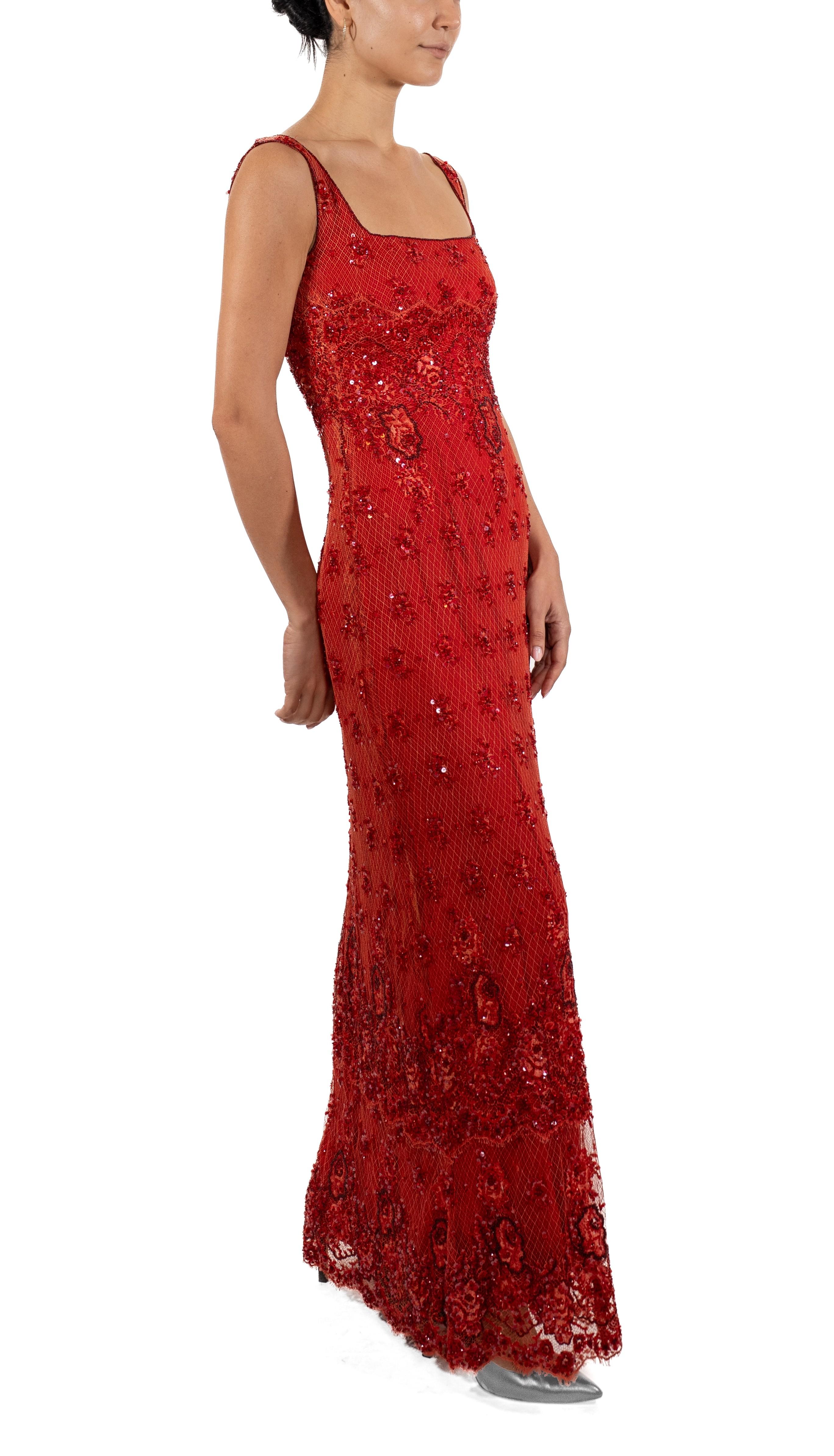 1990S Tomato Red Beaded Silk & Lace Gown For Sale 1