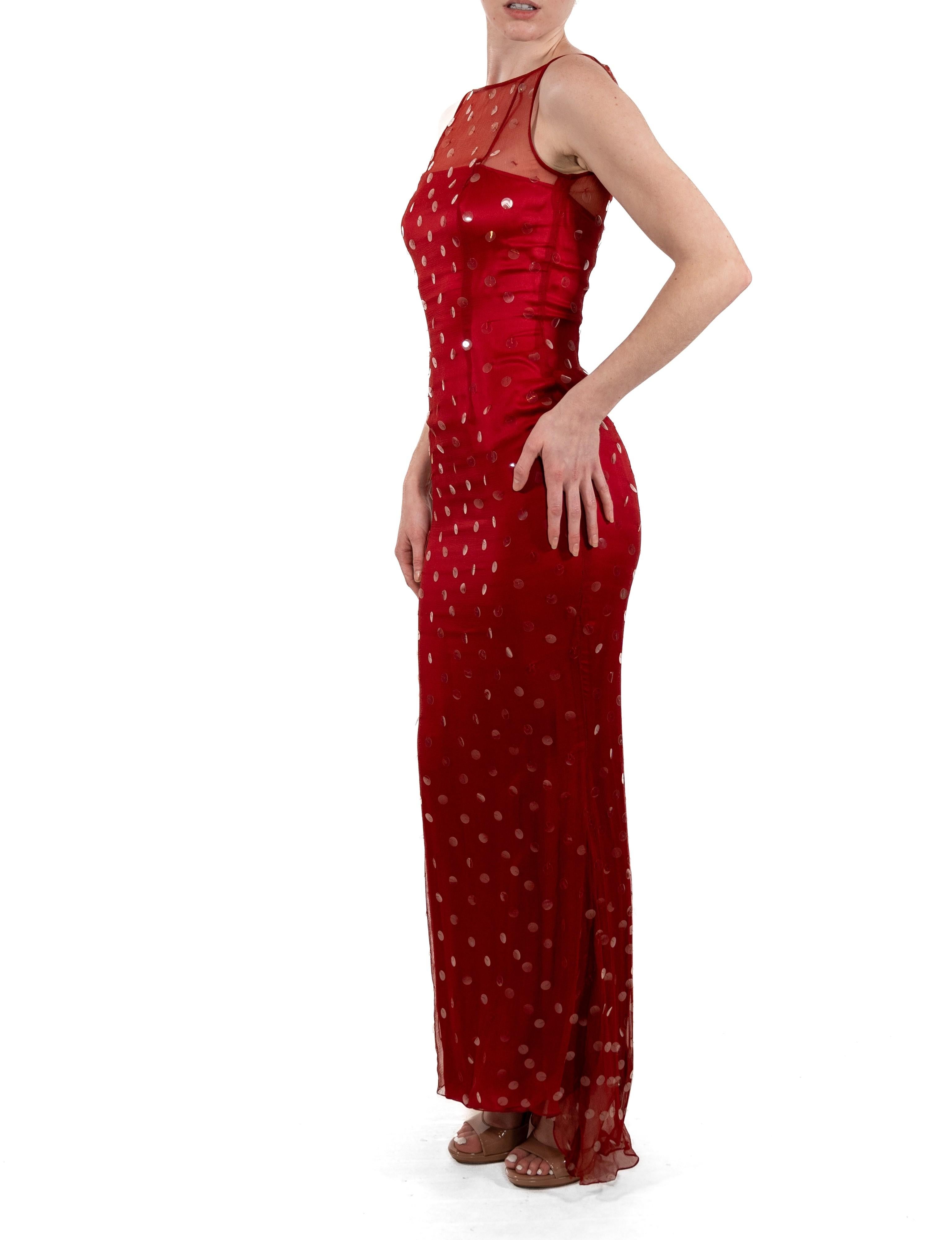 This gown retains no label, however the amount of hand-finishing points to Haute Couture or custom made quality, fully lined in silk. 1990S Tomato Red Semi-Sheer Silk Chiffon Boat-Neck Sequined Gown 