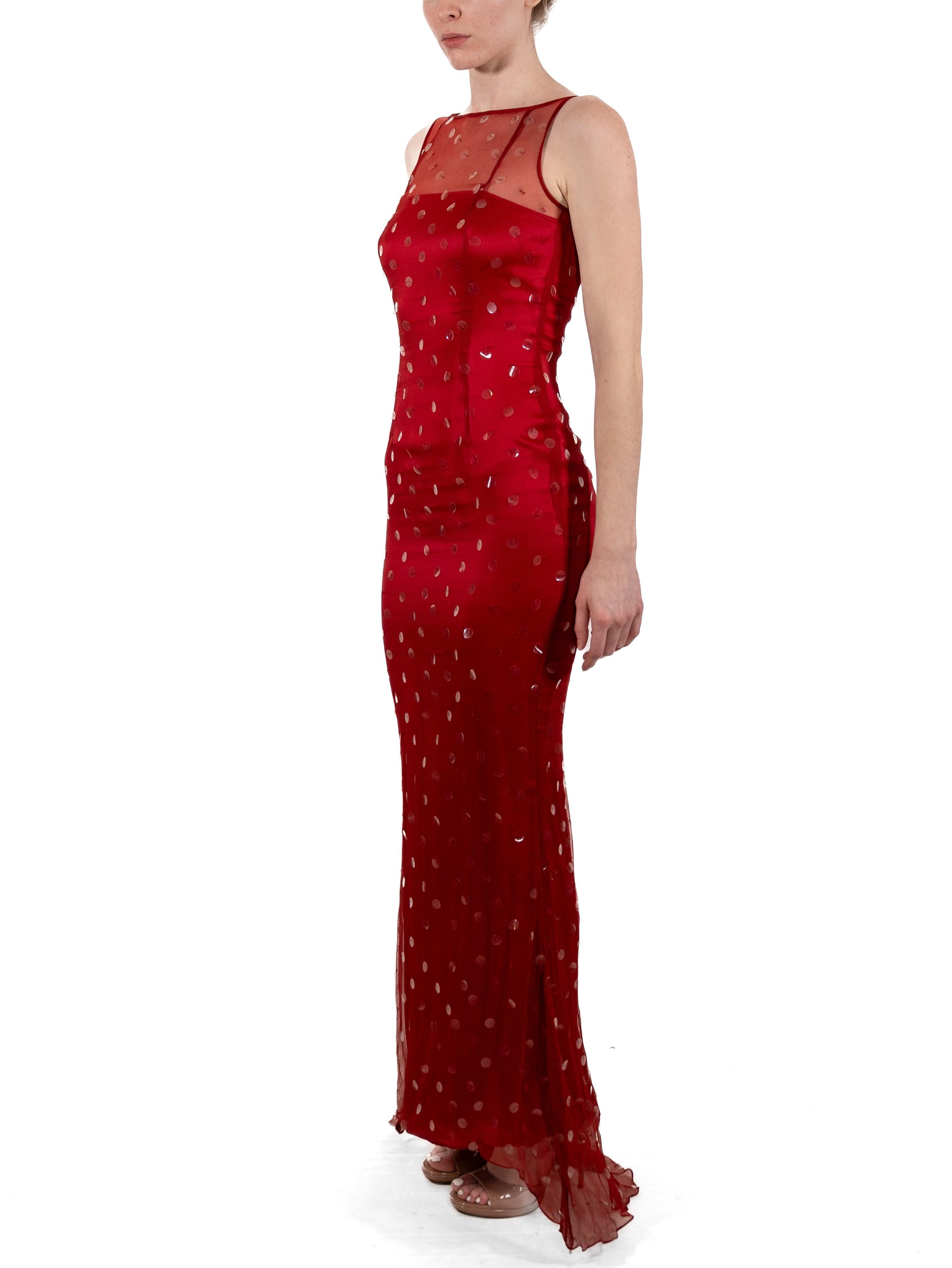 1990S Tomato Red Semi-Sheer Silk Chiffon Boat-Neck Sequined Gown In Good Condition For Sale In New York, NY