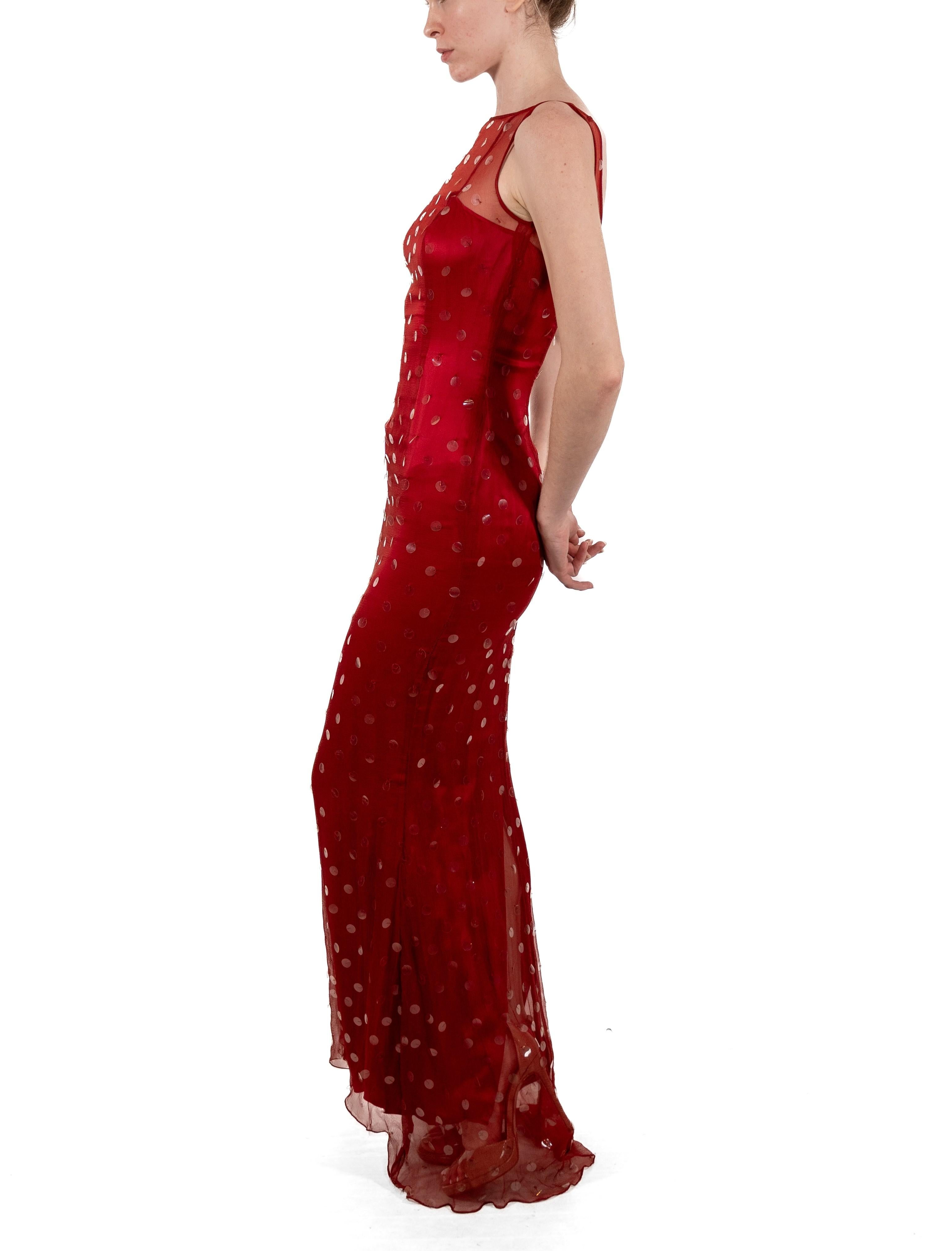 Women's 1990S Tomato Red Semi-Sheer Silk Chiffon Boat-Neck Sequined Gown For Sale