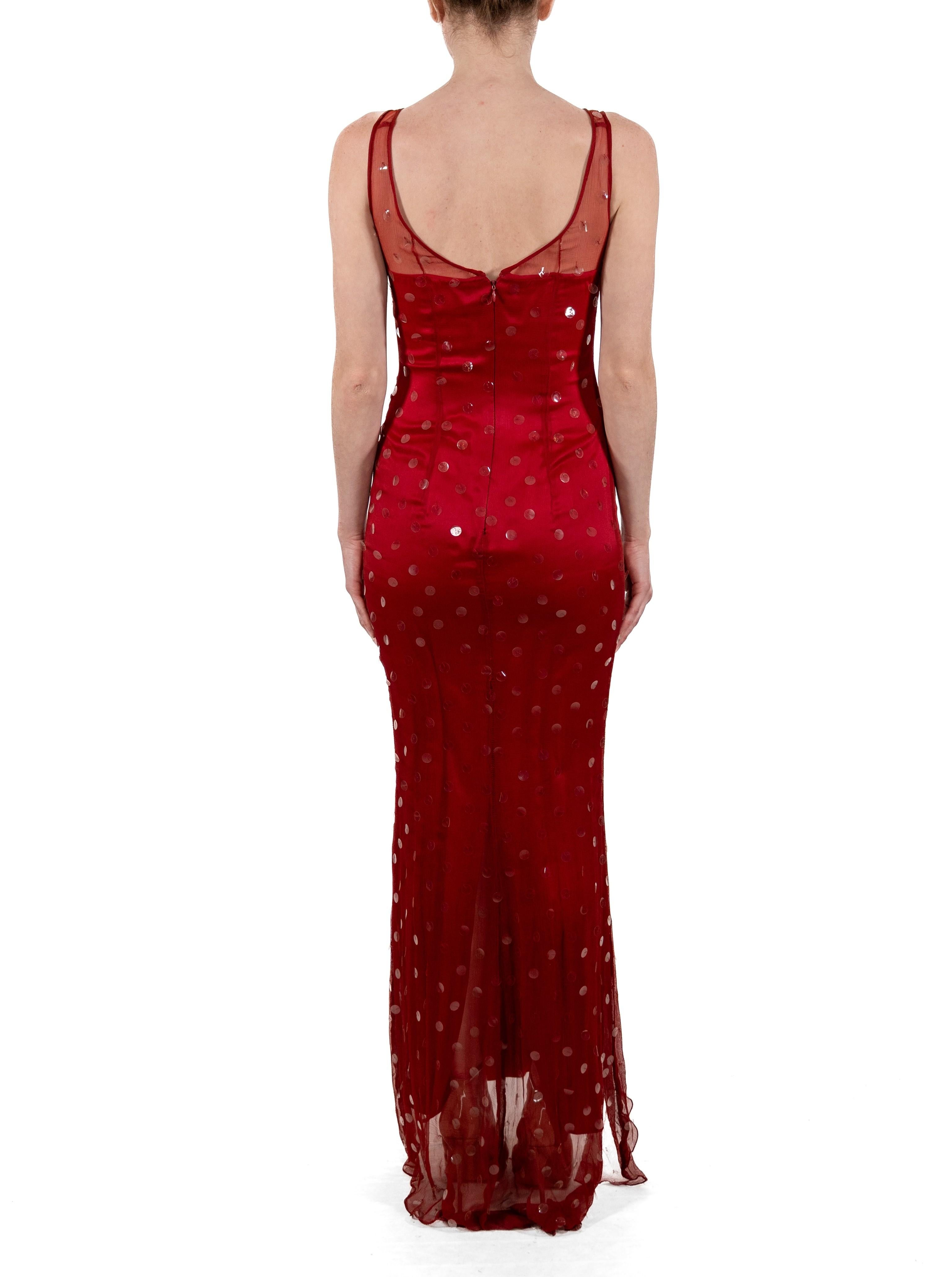 1990S Tomato Red Semi-Sheer Silk Chiffon Boat-Neck Sequined Gown For Sale 2