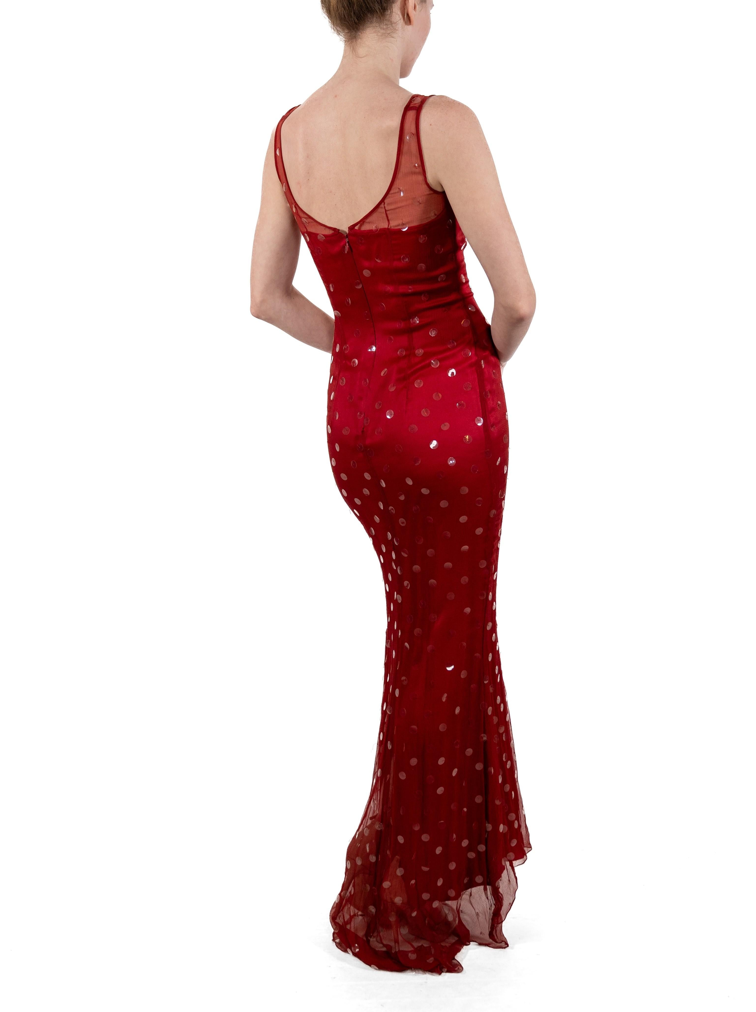 1990S Tomato Red Semi-Sheer Silk Chiffon Boat-Neck Sequined Gown For Sale 3