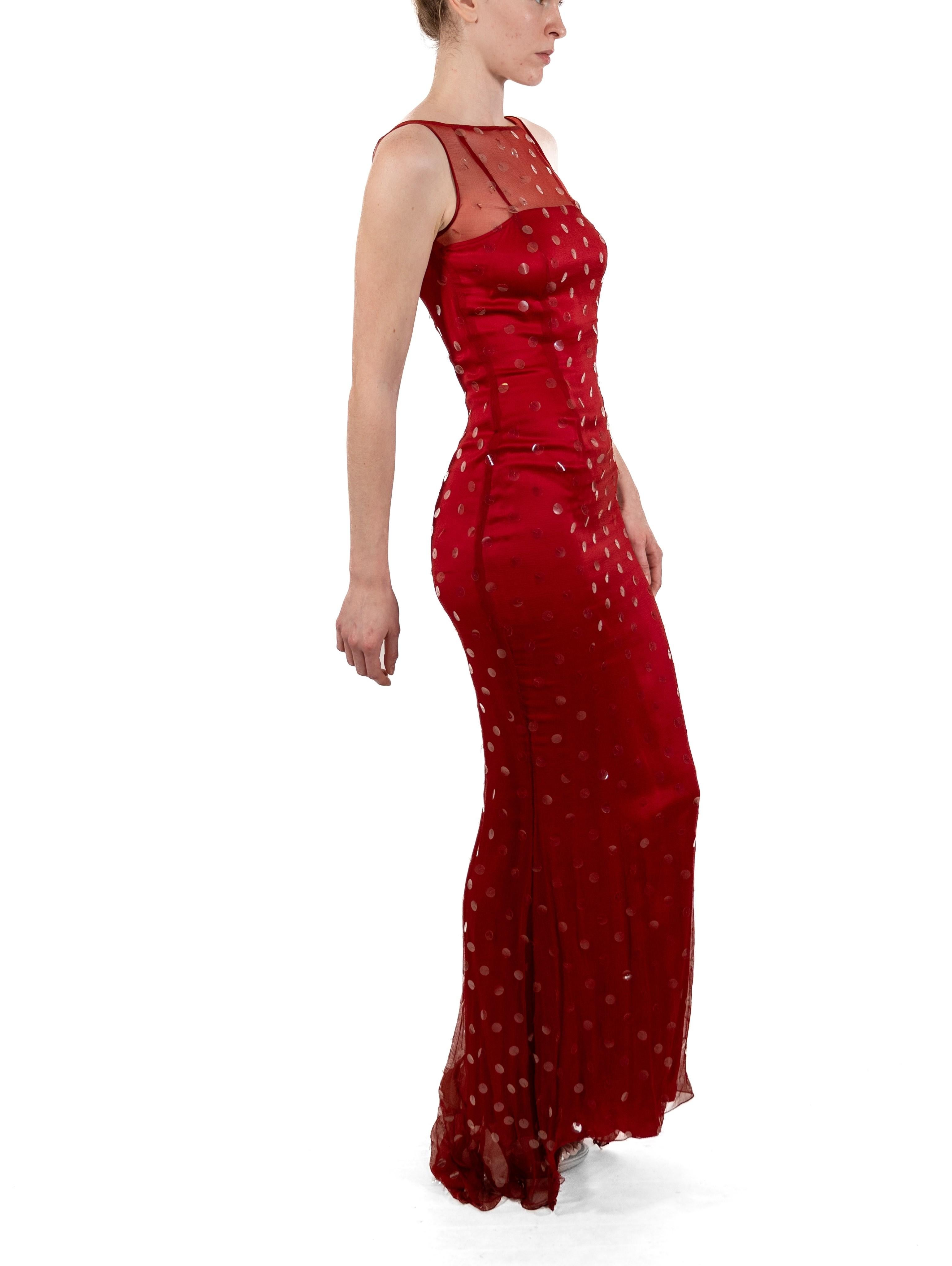 1990S Tomato Red Semi-Sheer Silk Chiffon Boat-Neck Sequined Gown For Sale 4