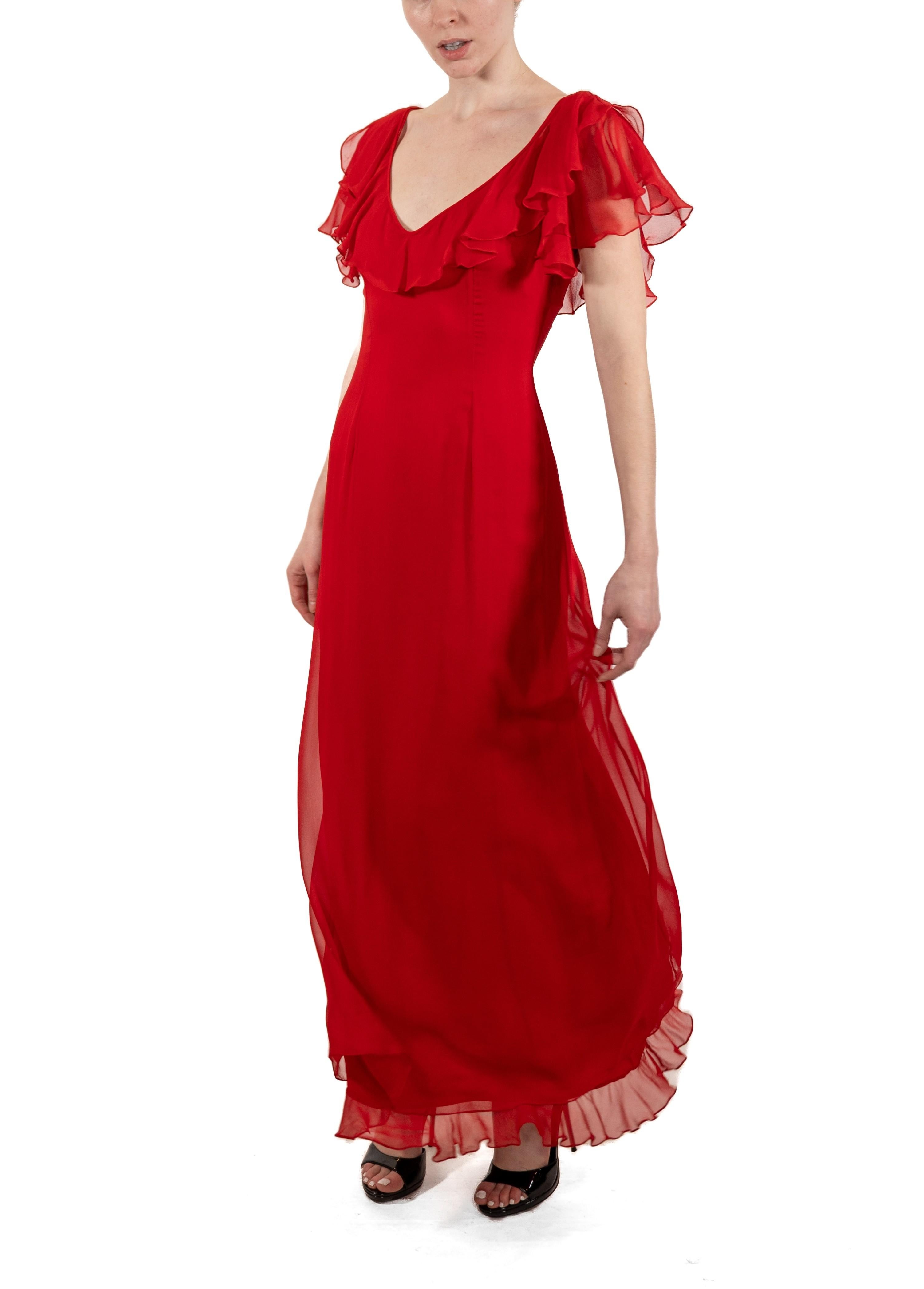 1990S Tomato Red Silk Chiffon Ruffled Gown In Good Condition For Sale In New York, NY