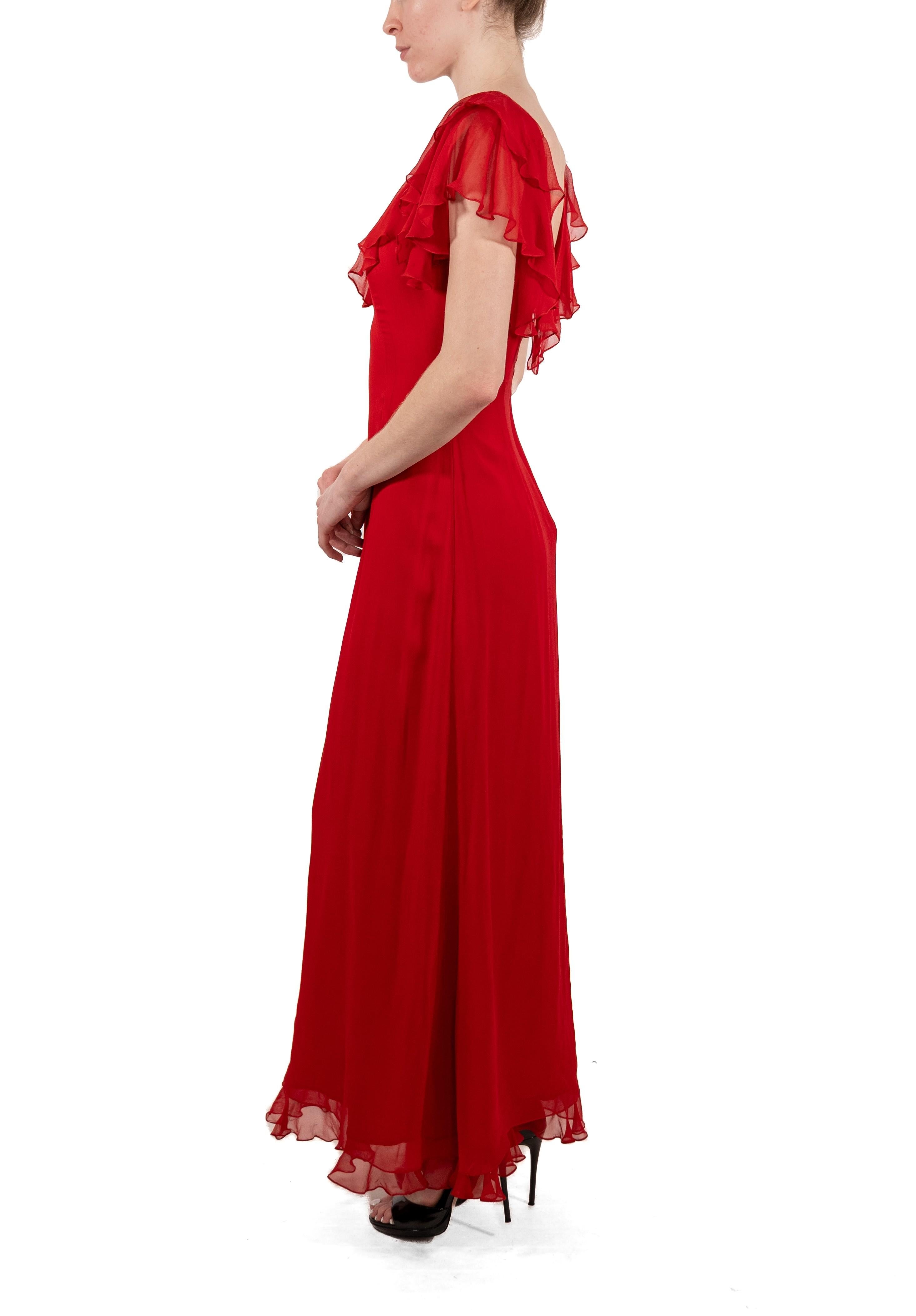 Women's 1990S Tomato Red Silk Chiffon Ruffled Gown For Sale