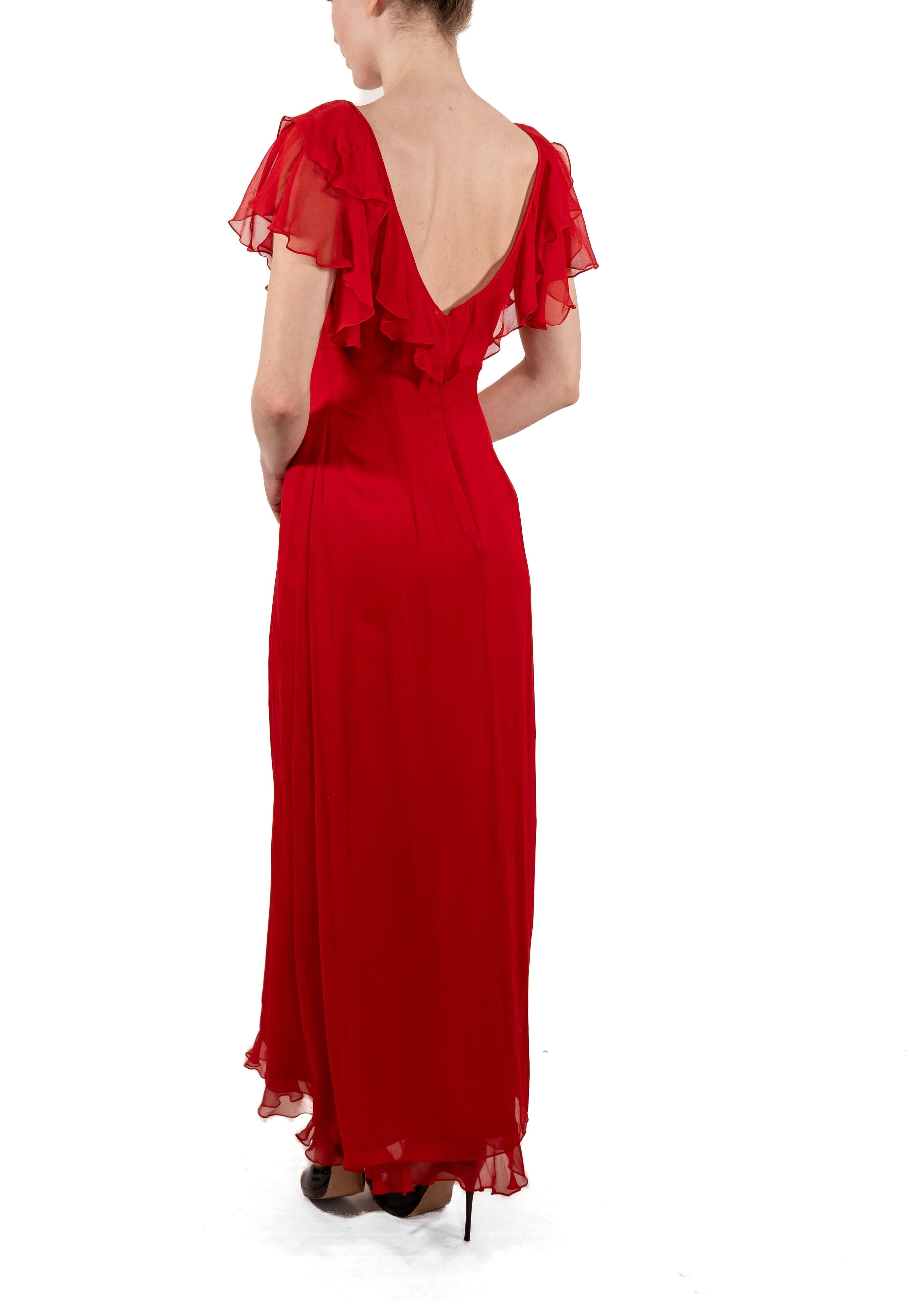 1990S Tomato Red Silk Chiffon Ruffled Gown For Sale 1