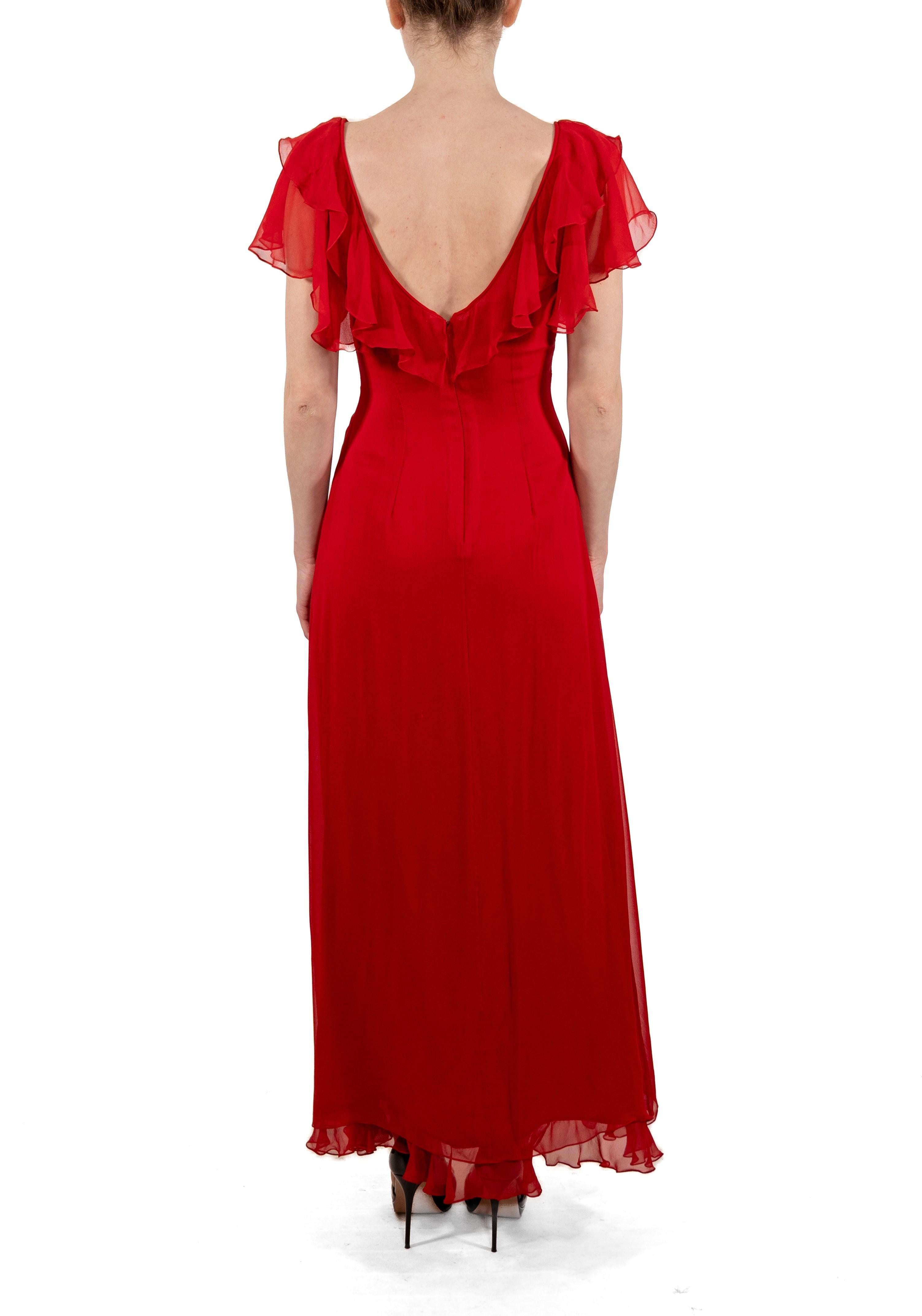 1990S Tomato Red Silk Chiffon Ruffled Gown For Sale 2