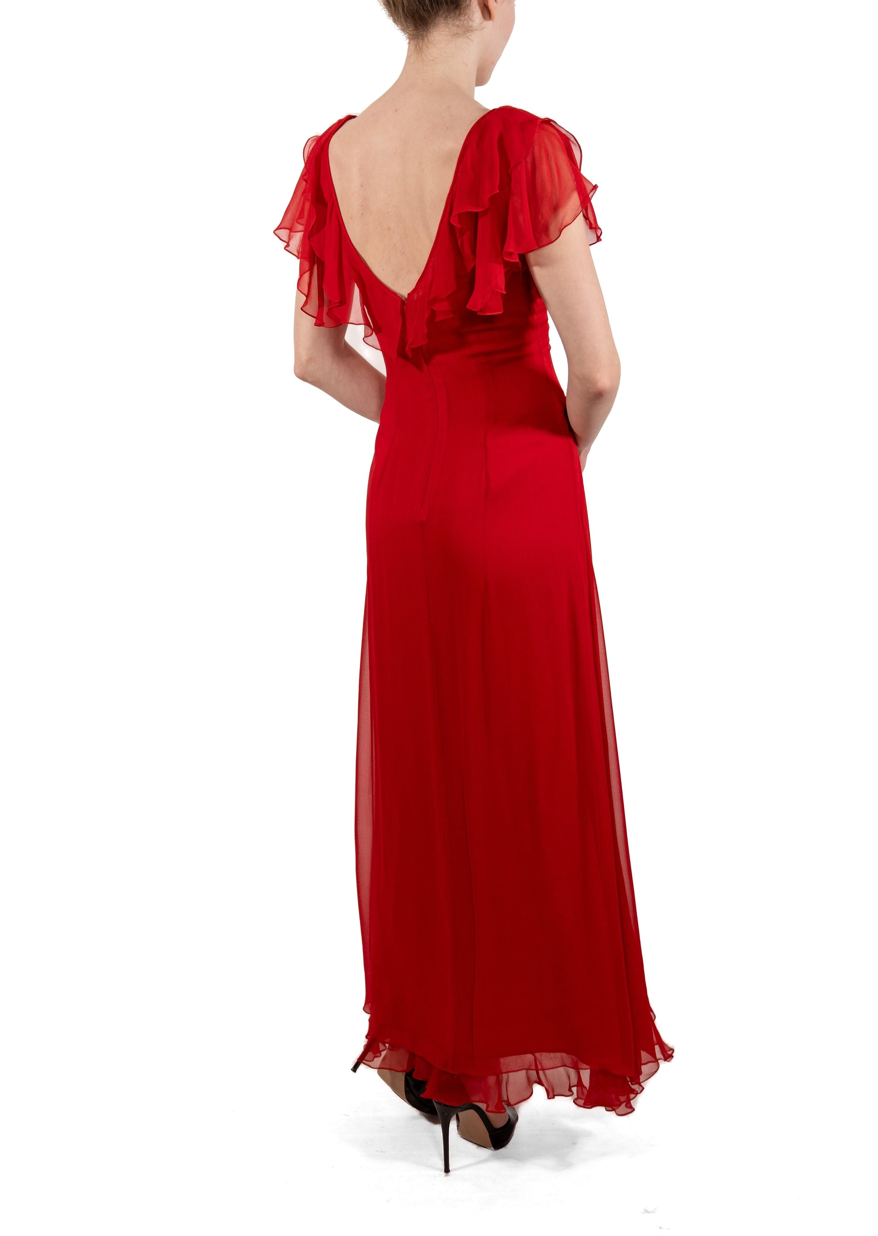 1990S Tomato Red Silk Chiffon Ruffled Gown For Sale 3