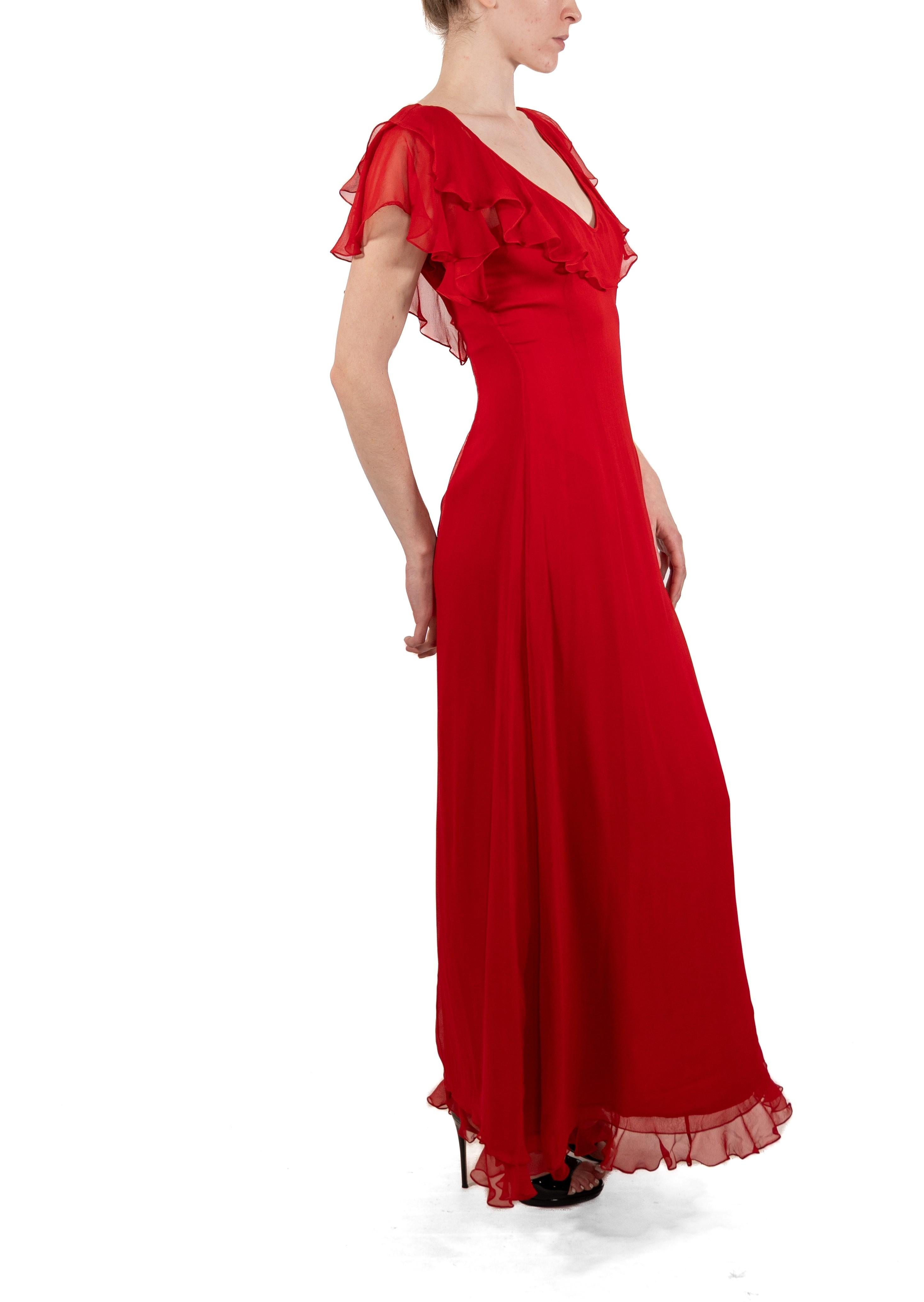 1990S Tomato Red Silk Chiffon Ruffled Gown For Sale 4