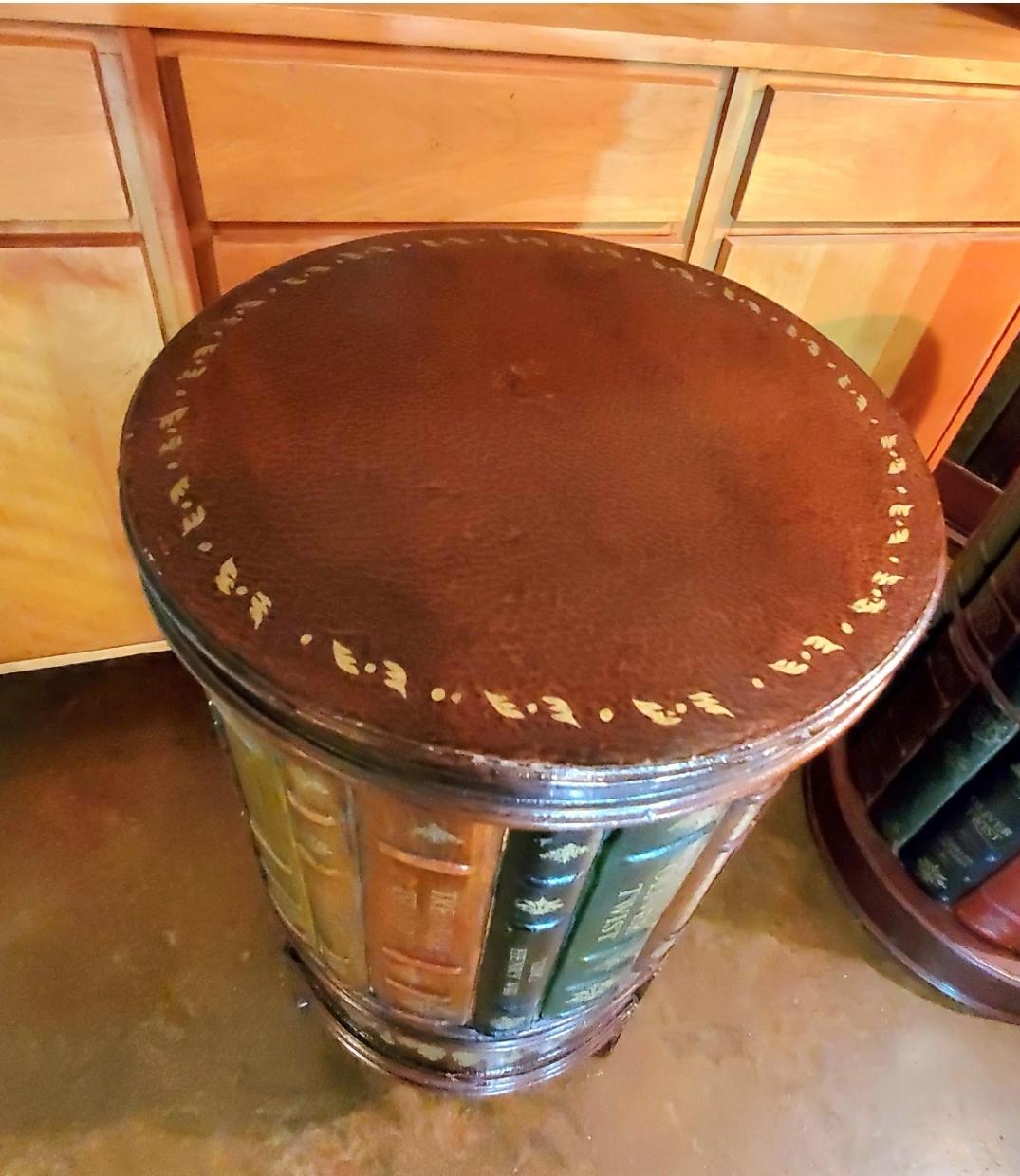 Chinese 1990s Tooled Leather Round Trompe l'Oeil/ Faux Book Storage Bookcase