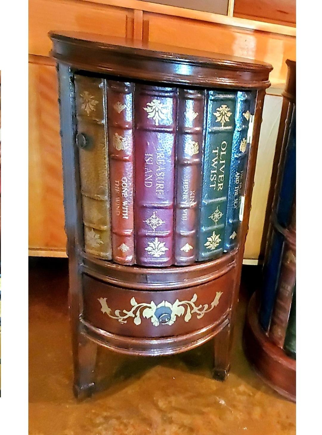1990s Tooled Leather Round Trompe l'Oeil/ Faux Book Storage Bookcase In Good Condition In Waxahachie, TX