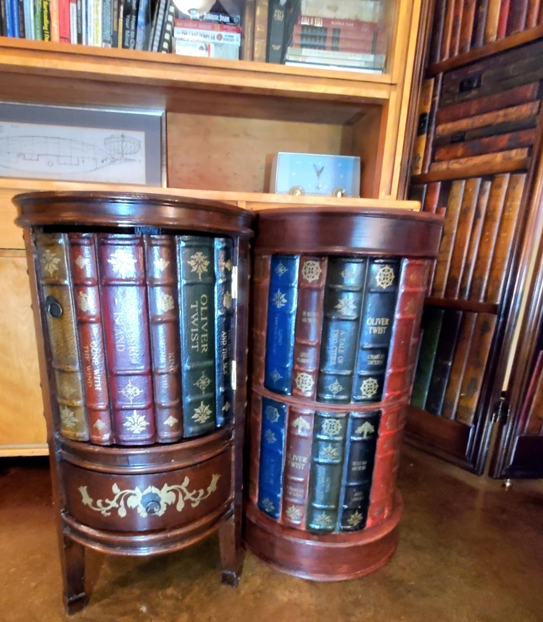 1990s Tooled Leather Round Trompe l'Oeil/ Faux Book Storage Bookcase 1