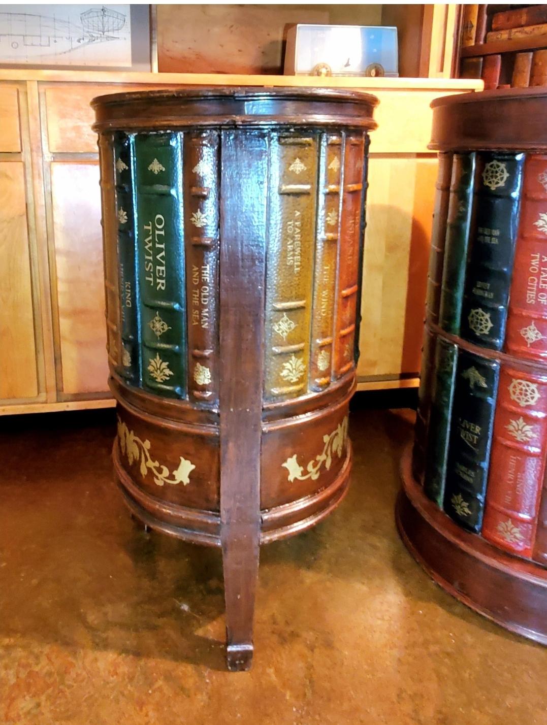 1990s Tooled Leather Round Trompe l'Oeil/ Faux Book Storage Bookcase 2
