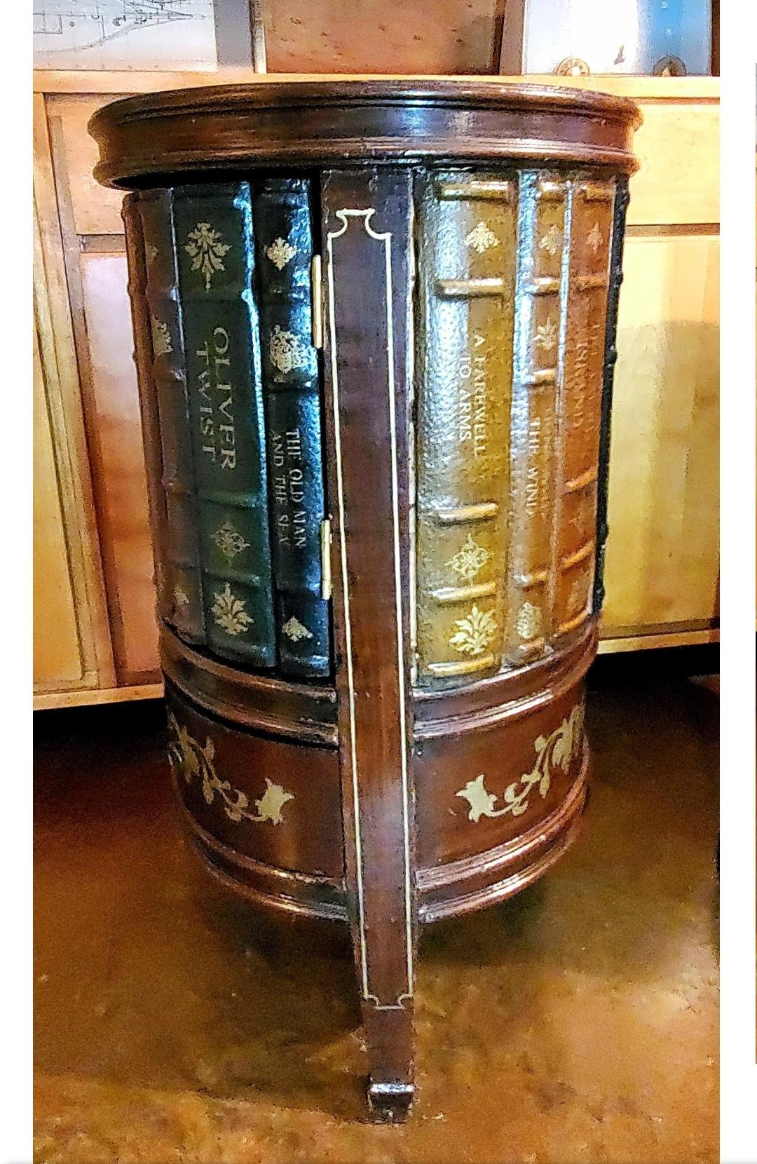 1990s Tooled Leather Round Trompe l'Oeil/ Faux Book Storage Bookcase 3