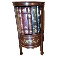 1990s Tooled Leather Round Trompe l'Oeil/ Faux Book Storage Bookcase