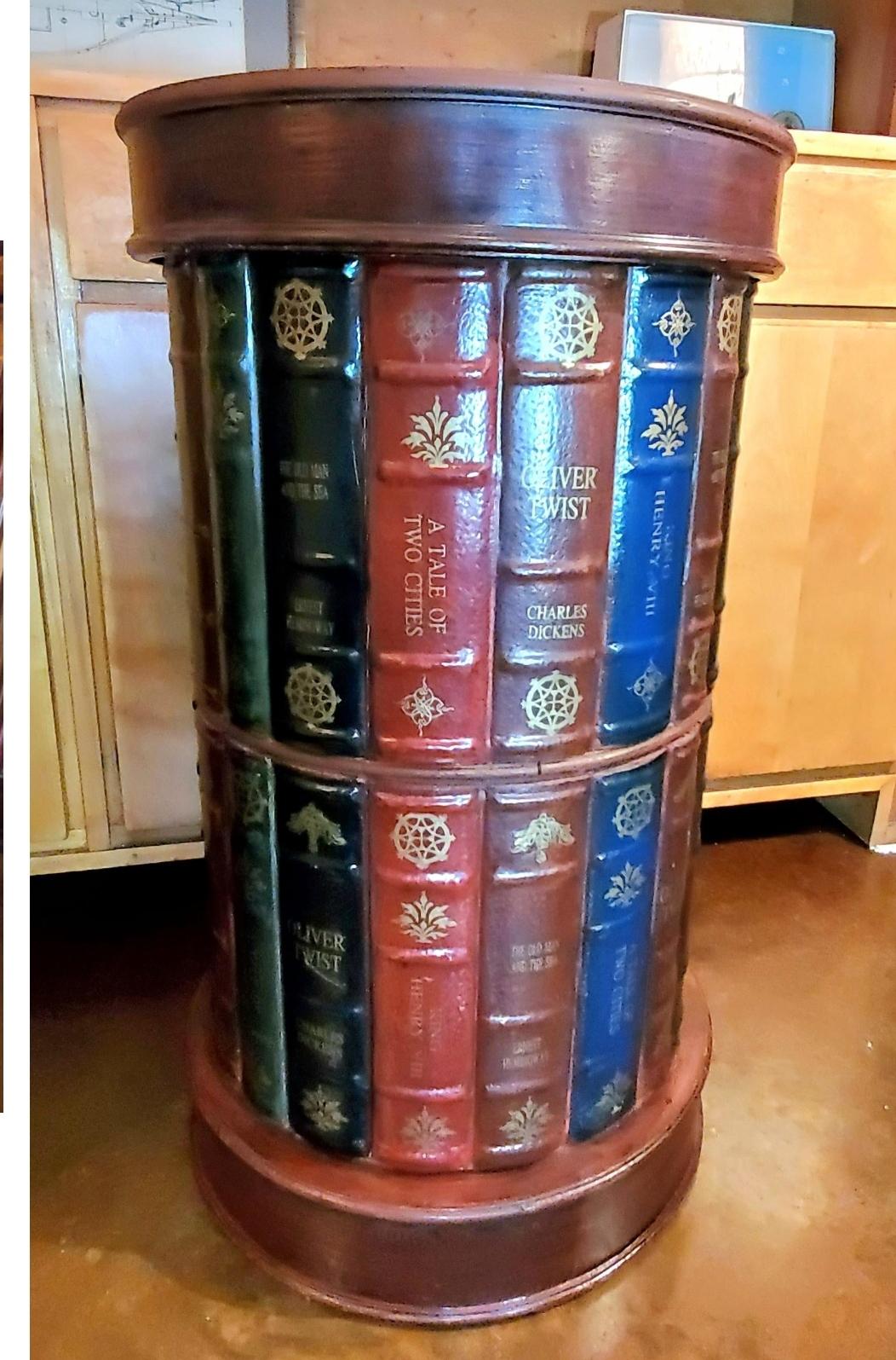 1990s Tooled Leather Round Trompe l'Oeil/ Stacked Book Bookcase Storage Table 5