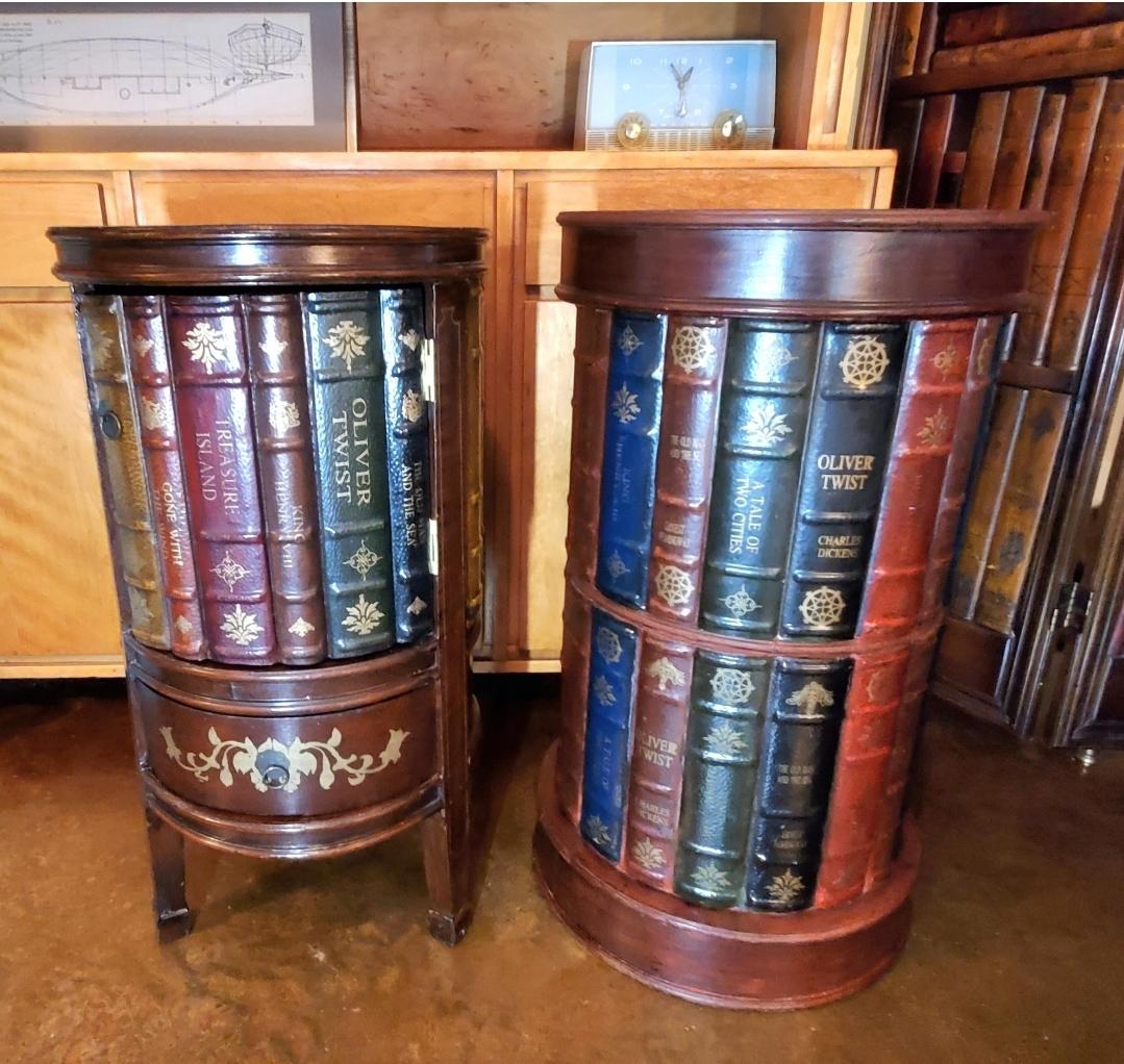 1990s Tooled Leather Round Trompe l'Oeil/ Stacked Book Bookcase Storage Table 6