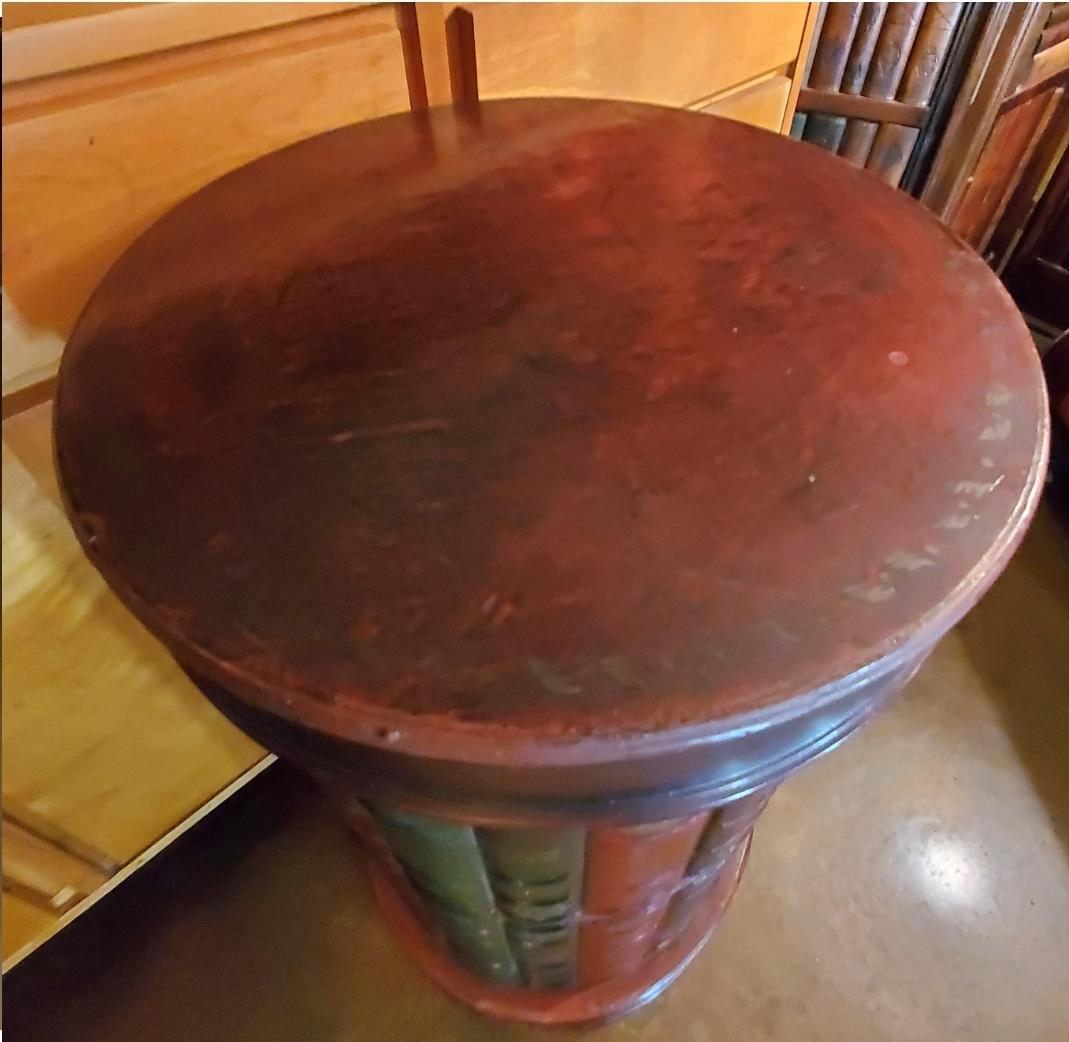 1990s Tooled Leather Round Trompe l'Oeil/ Stacked Book Bookcase Storage Table In Good Condition In Waxahachie, TX